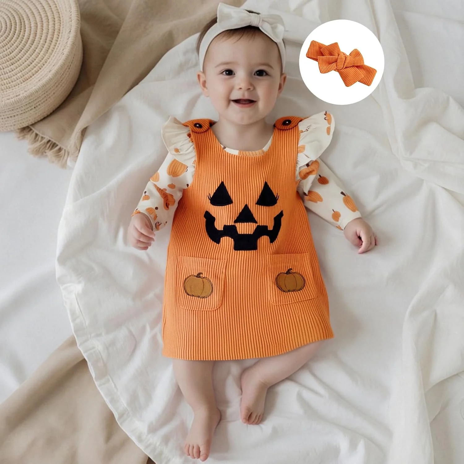 Geagodelia Halloween Newborn Baby Girl Clothes Set Long Sleeve Bodysuit and Sleeveless Dress My First Halloween Outfits with Headband