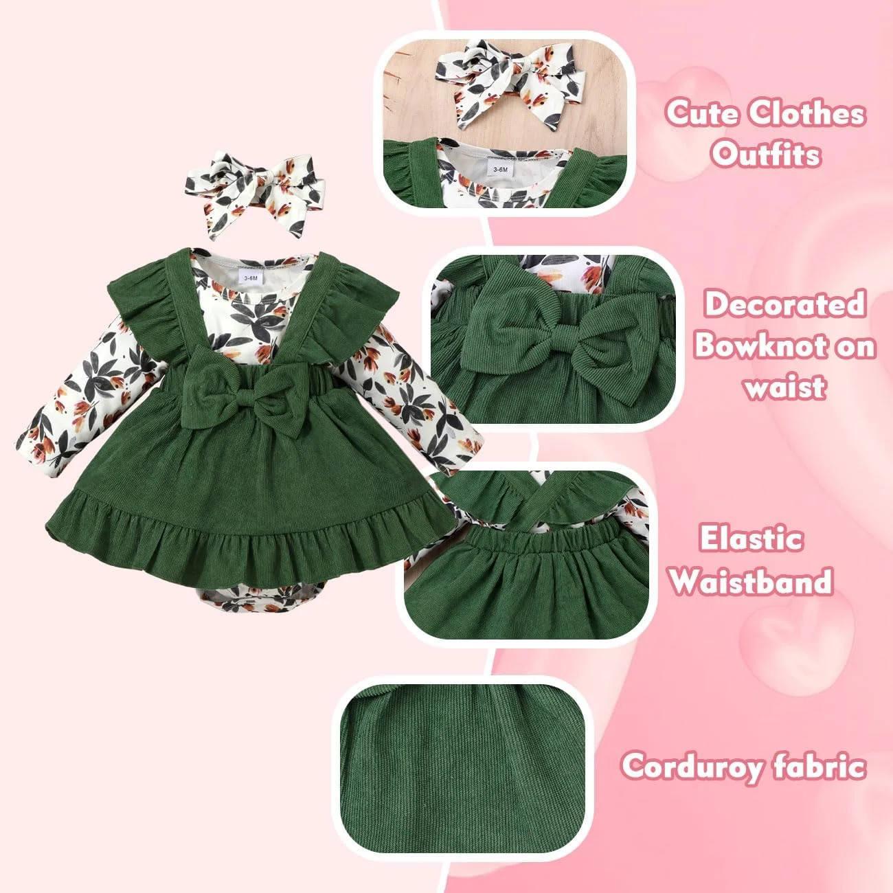 HEOXIN Baby Girl Bodysuit Bodysuit Clothes Autumn Clothing Long Sleeve Flower Bodysuit Top with Corduroy Dungarees Skirt Bow + Headband 3 Pieces Set, for Babies 3-24 Months, Green