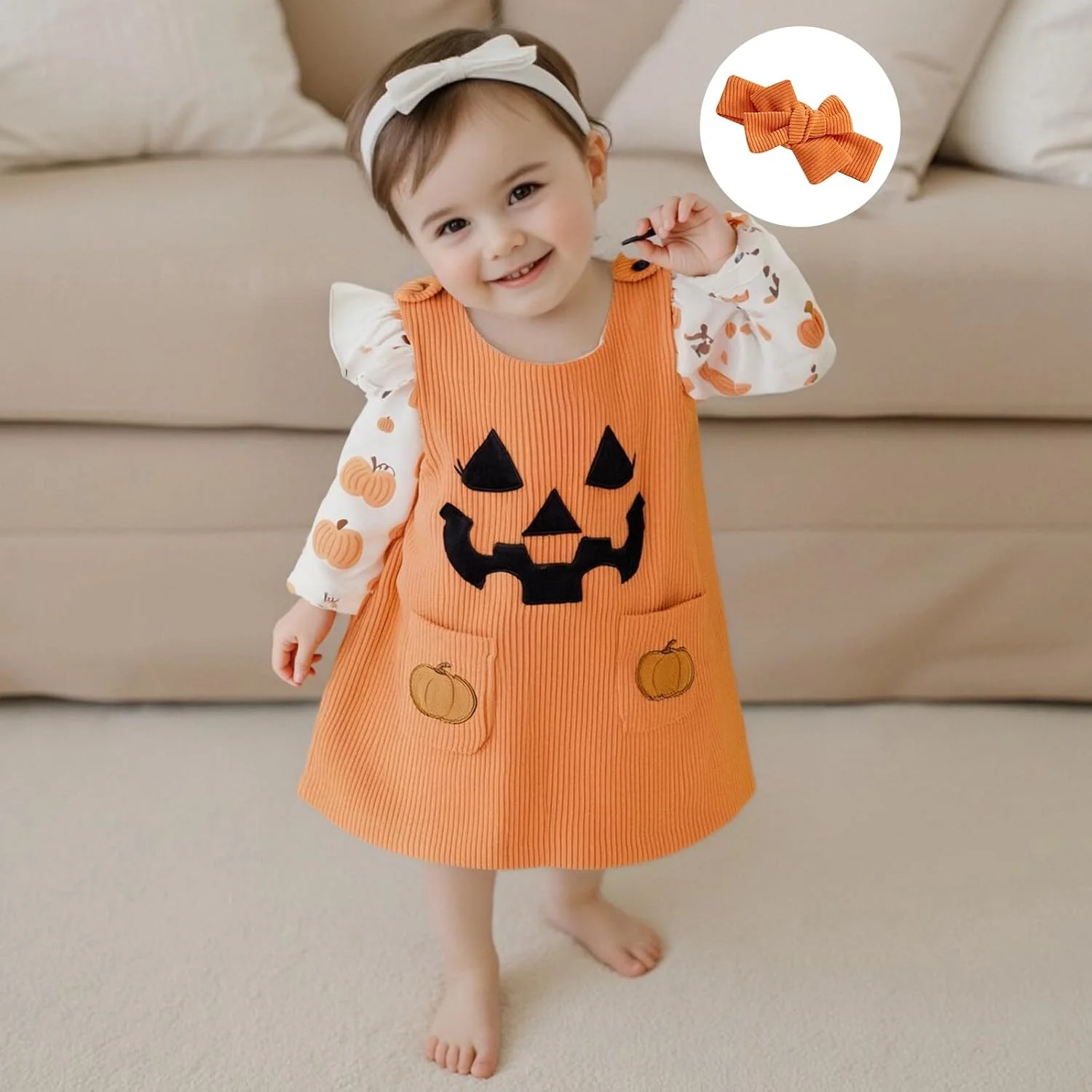 Geagodelia Halloween Newborn Baby Girl Clothes Set Long Sleeve Bodysuit and Sleeveless Dress My First Halloween Outfits with Headband