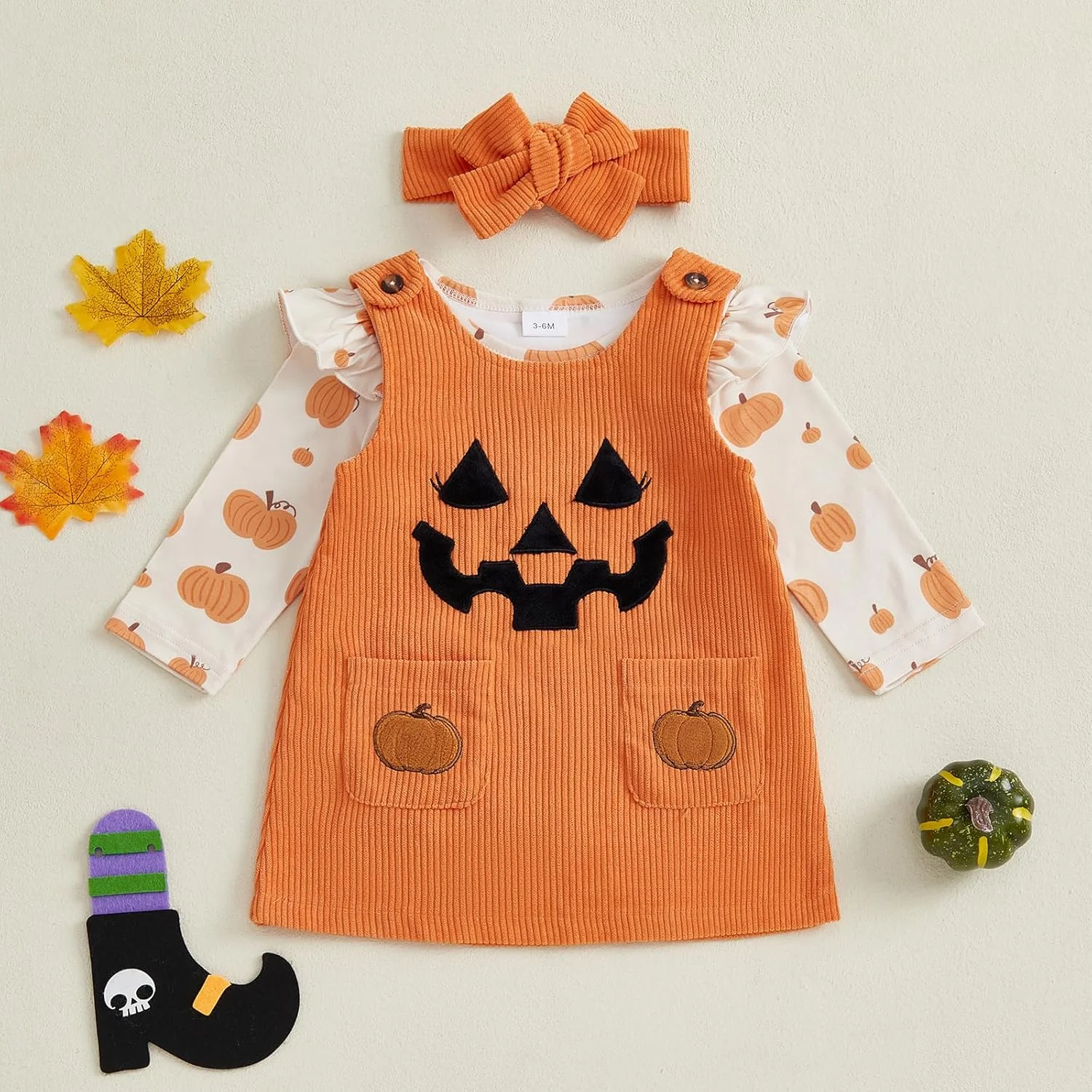 Geagodelia Halloween Newborn Baby Girl Clothes Set Long Sleeve Bodysuit and Sleeveless Dress My First Halloween Outfits with Headband