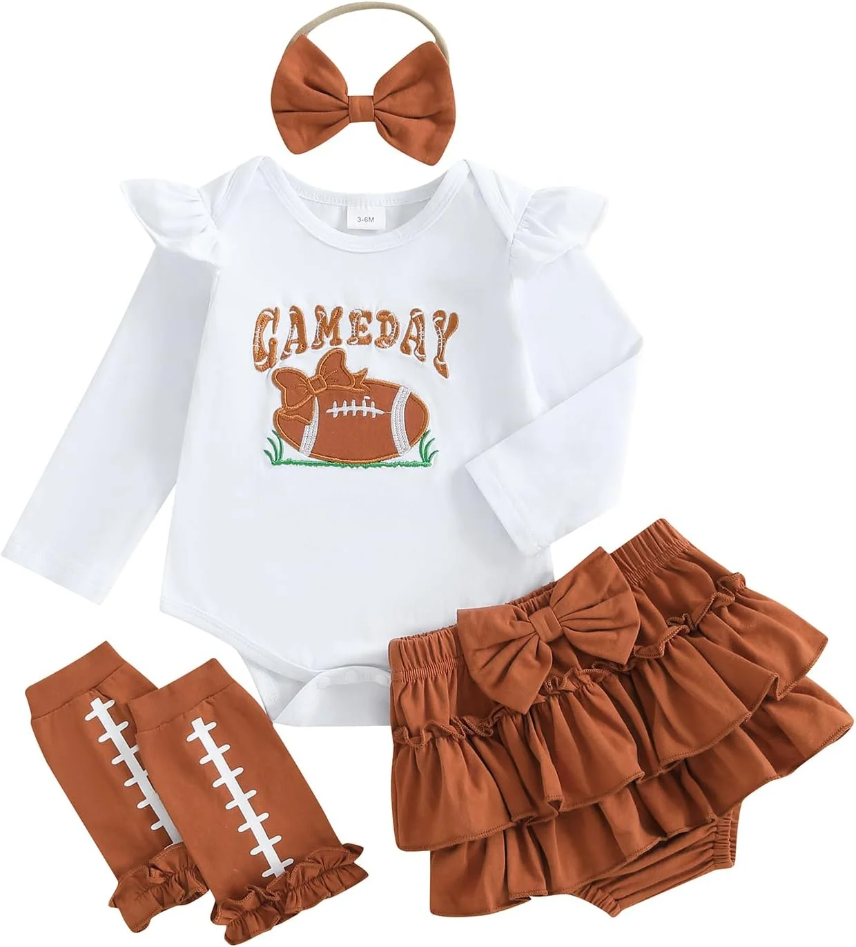 ست لباس فوتبال نوزادی دخترانه، رامپر، دامن توتو چین دار، جوراب ساق بلند، لباس پاییزی و زمستانی