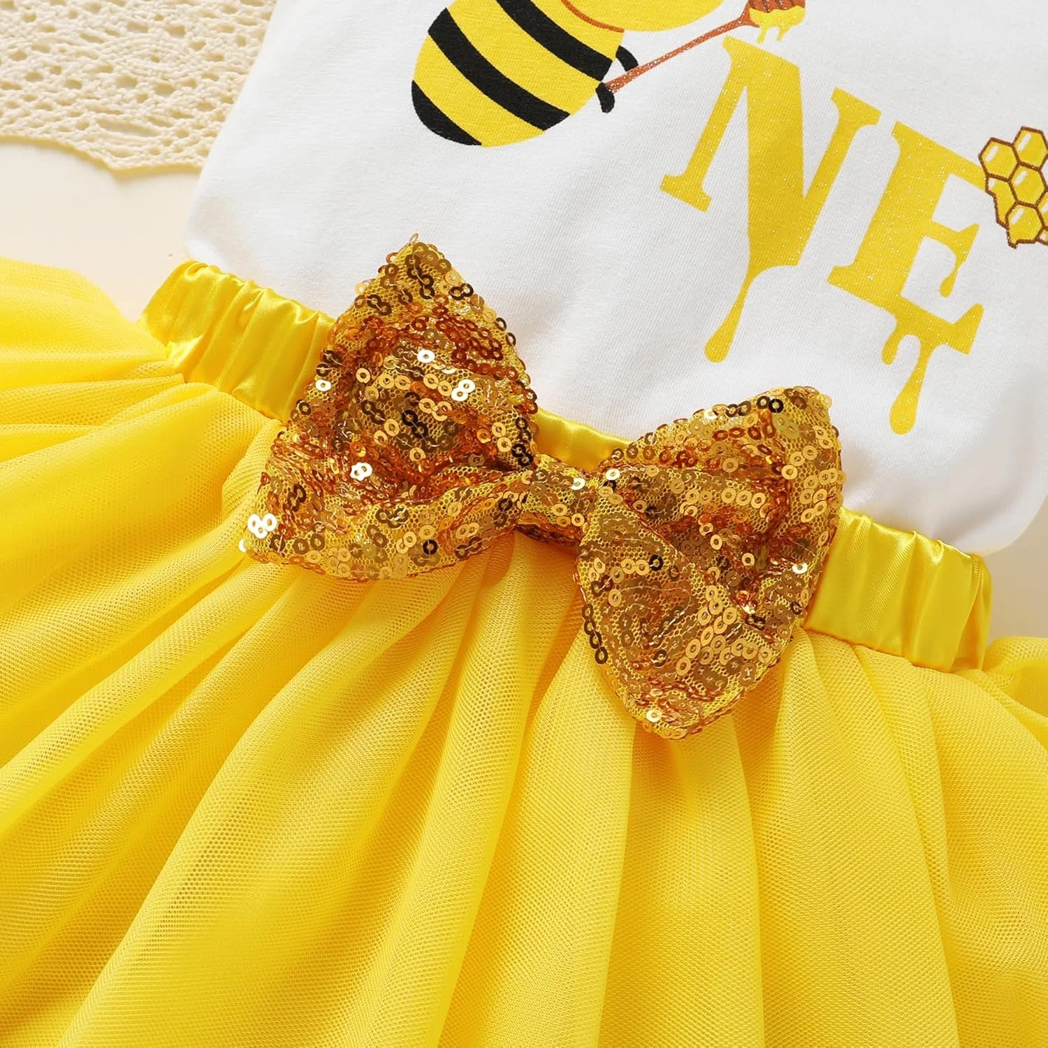 HAPPYMA Baby Girls One 1st Birthday Outfit Bee Sunflower Romper Tulle Tutu Skirt Sequin Bow Party Clothes Set