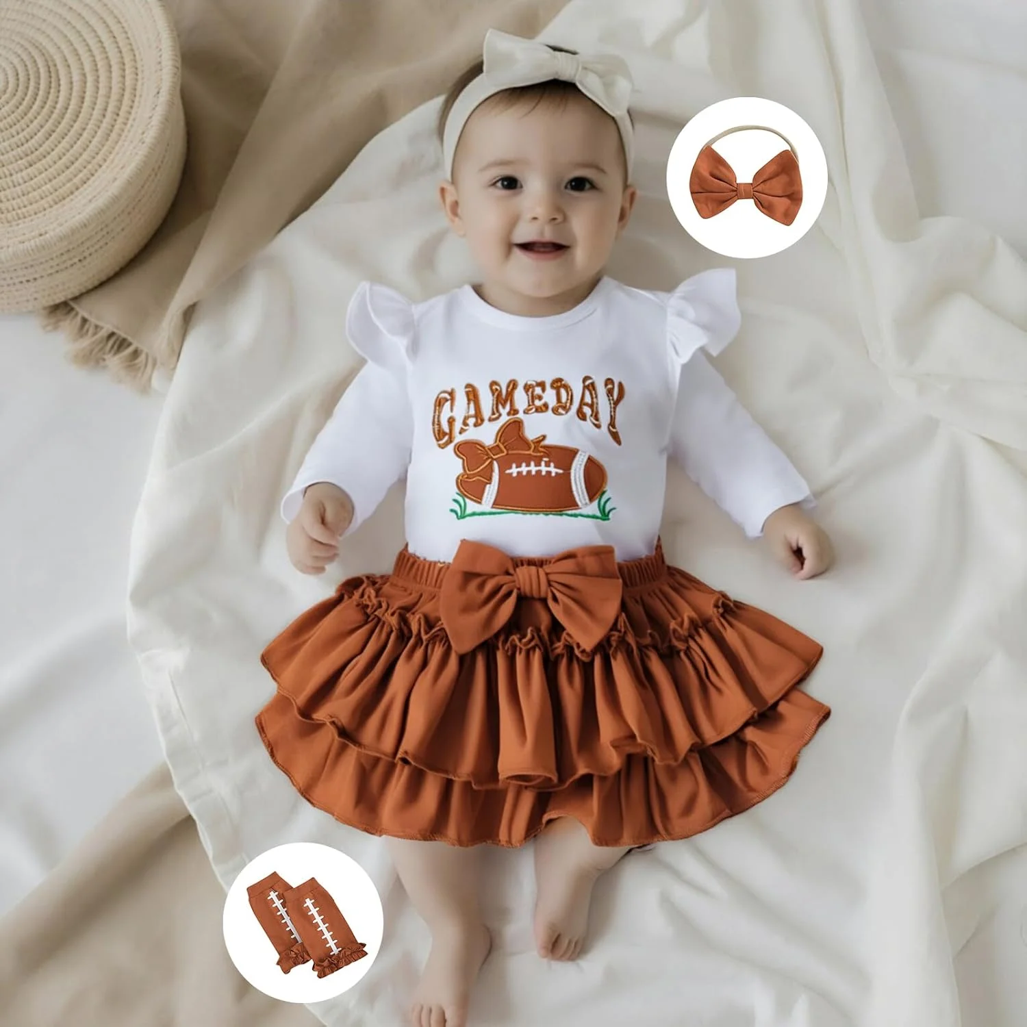ست لباس فوتبال نوزادی دخترانه، رامپر، دامن توتو چین دار، جوراب ساق بلند، لباس پاییزی و زمستانی