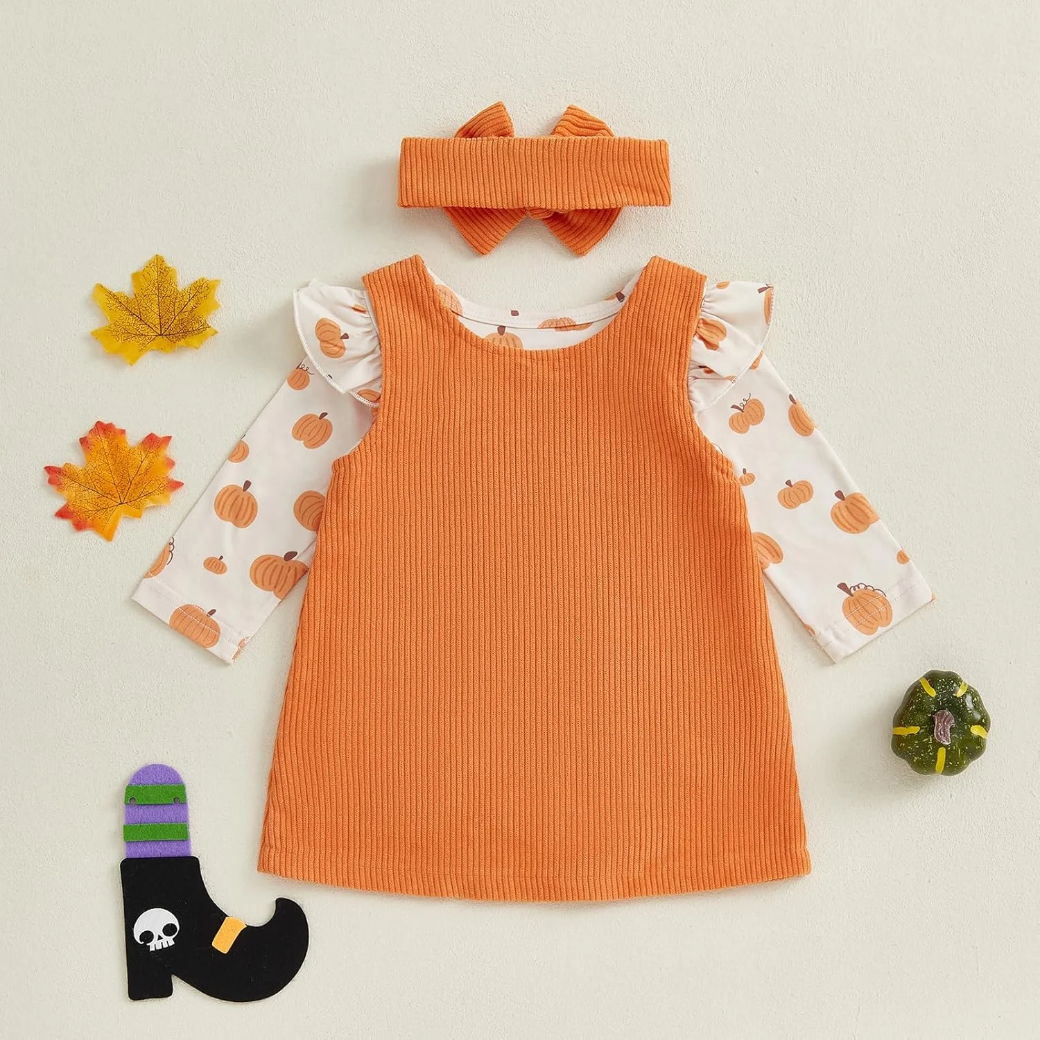 Geagodelia Halloween Newborn Baby Girl Clothes Set Long Sleeve Bodysuit and Sleeveless Dress My First Halloween Outfits with Headband