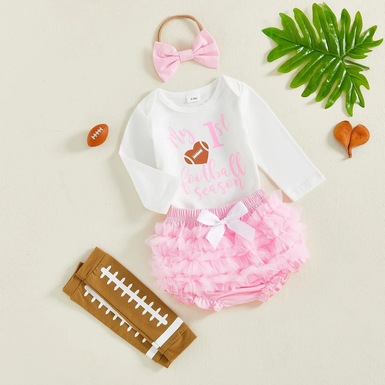 لباس نوزادی دخترانه GOOCHEER با طرح فصل فوتبال، رامپر آستین بلند، شورت بلومر، ست جوراب ساق بلند، لباس روز مسابقه، مناسب پاییز