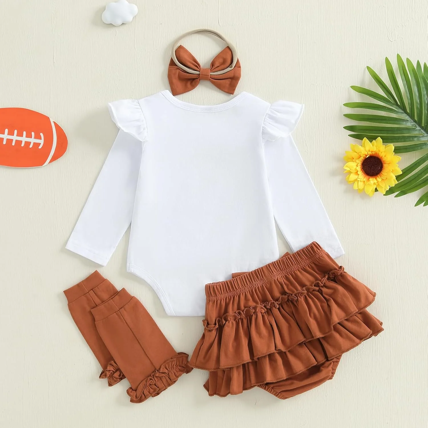 ست لباس فوتبال نوزادی دخترانه، رامپر، دامن توتو چین دار، جوراب ساق بلند، لباس پاییزی و زمستانی