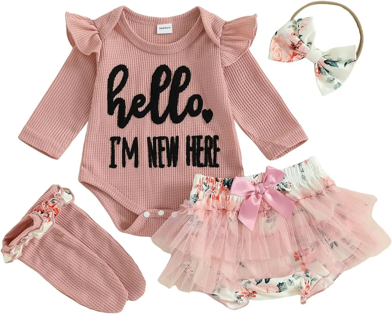 ست لباس نوزادی دخترانه مدل "سلام من تازه واردم"، شامل رامپر وافل، دامن توتو و جوراب