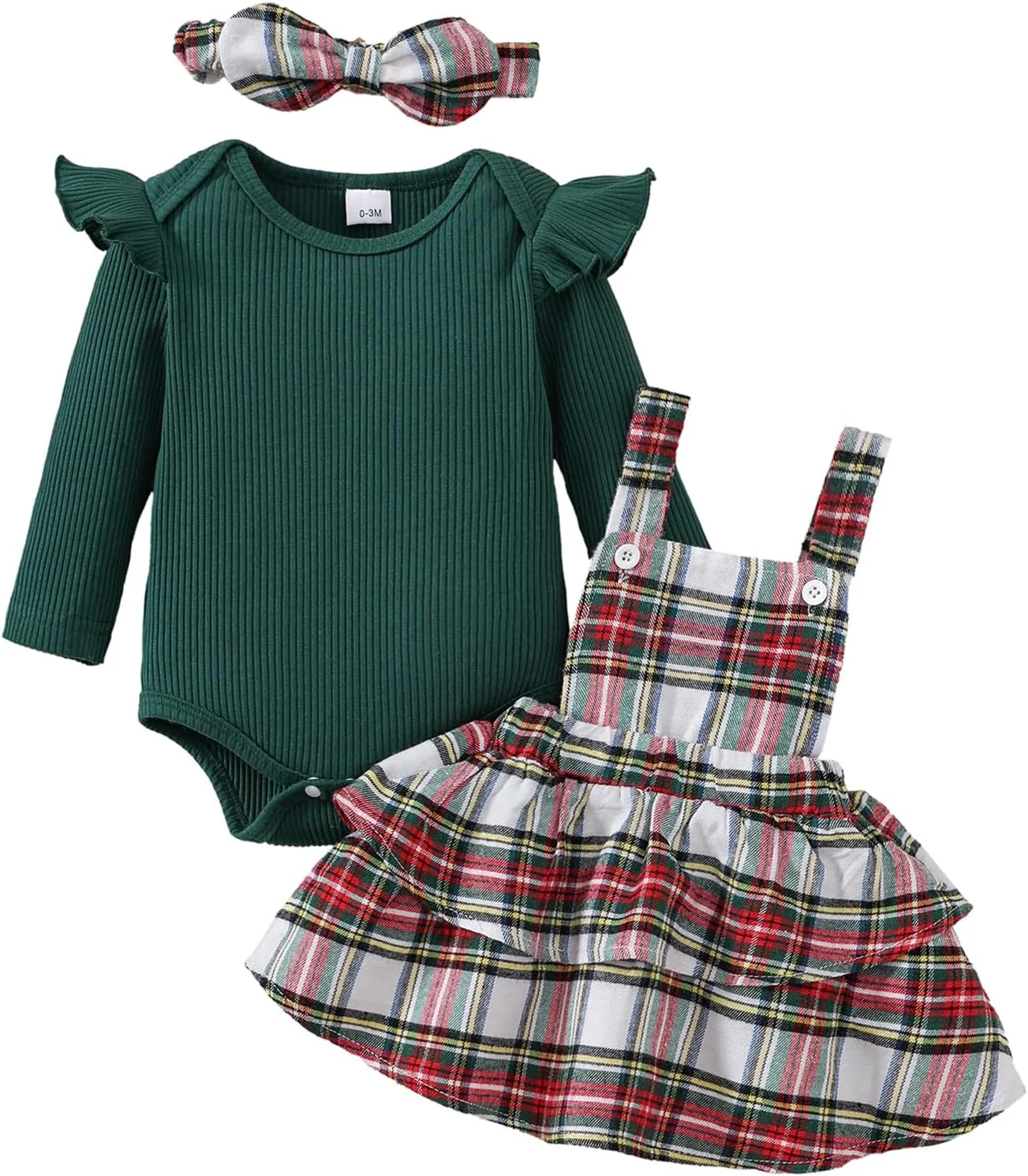 ست لباس کریسمس نوزاد دخترانه کاسلند، شامل رامپر آستین بلند، دامن پیشبندی و هدبند - 3 تکه