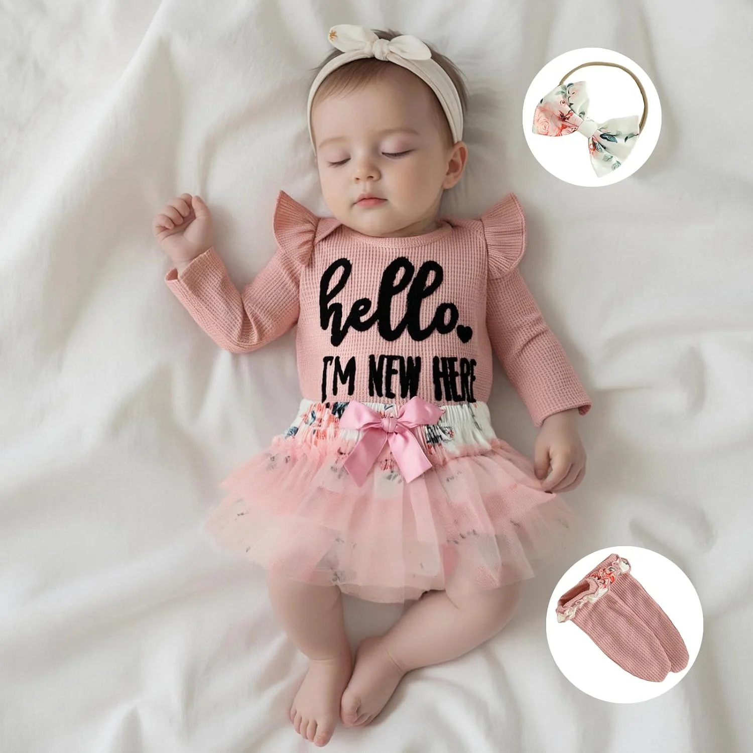 ست لباس نوزادی دخترانه مدل "سلام من تازه واردم"، شامل رامپر وافل، دامن توتو و جوراب