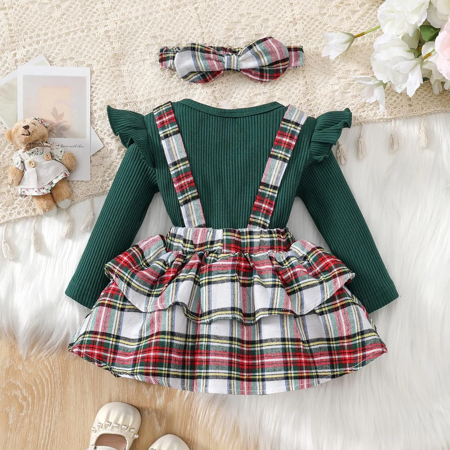 ست لباس کریسمس نوزاد دخترانه کاسلند، شامل رامپر آستین بلند، دامن پیشبندی و هدبند - 3 تکه