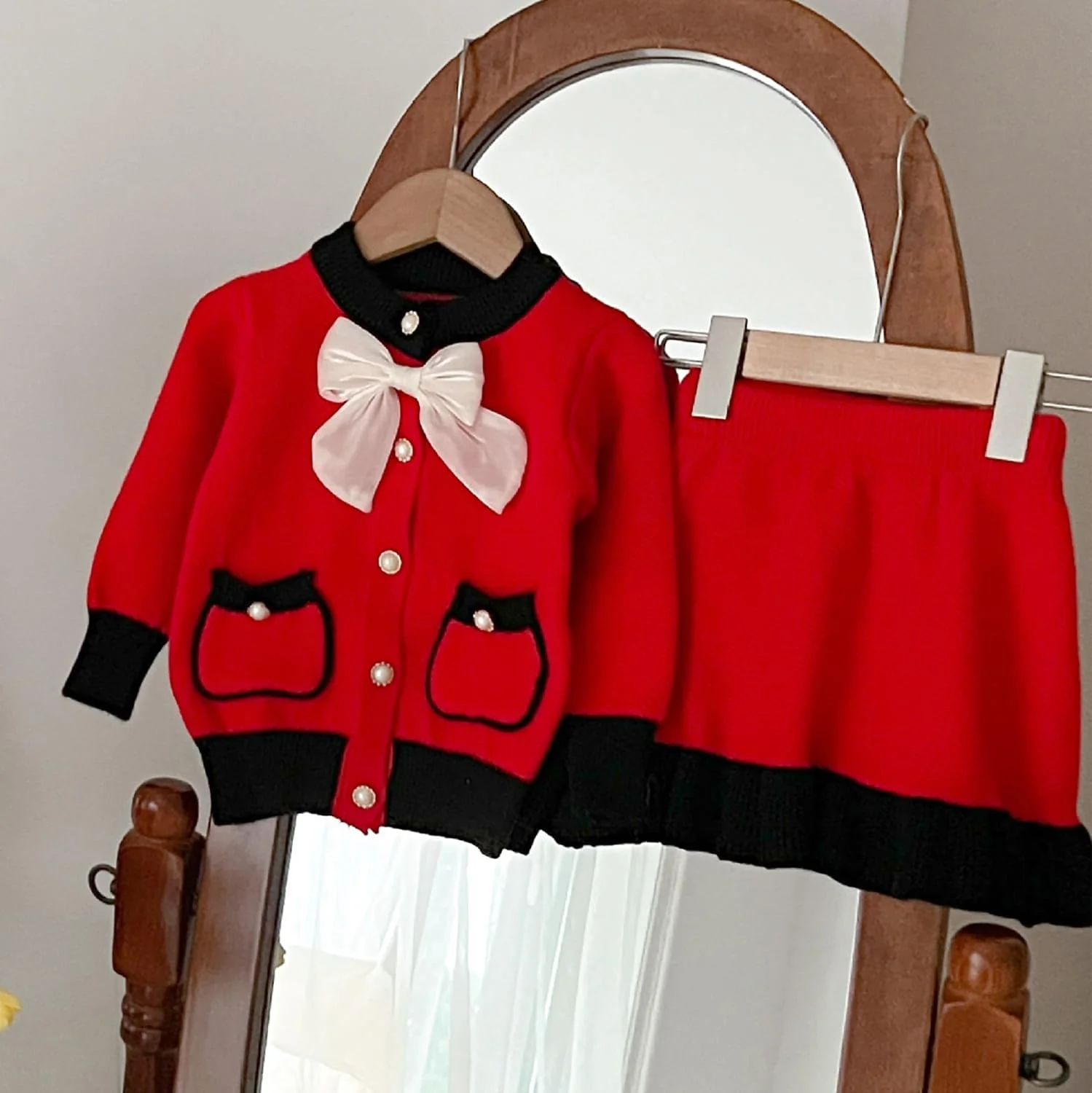 ست ژاکت و دامن بافتنی دخترانه YETANLID، ژاکت کشباف پاپپیونی، ست کت زمستانی سایز 2-7 سال