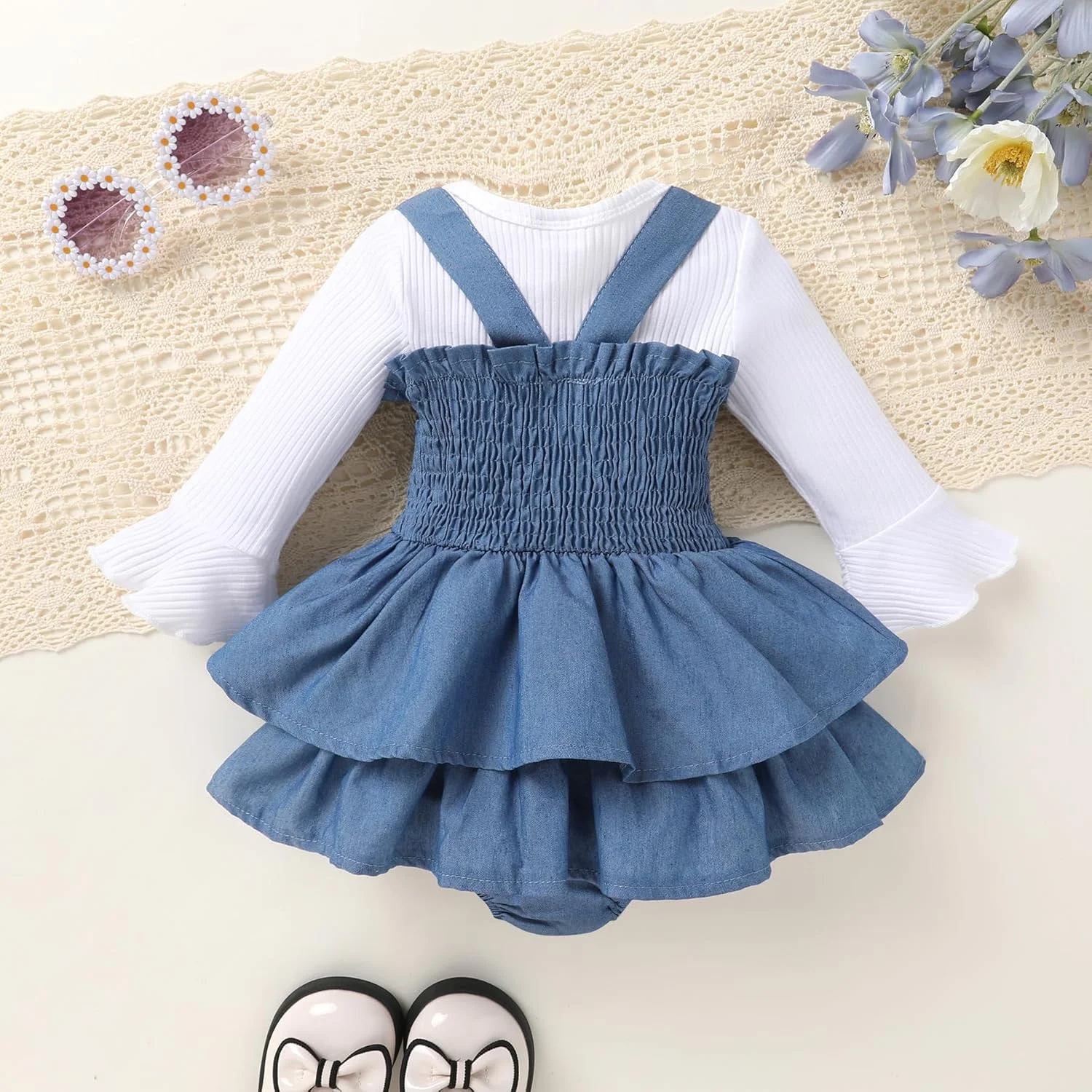 لباس های پاییزی و زمستانی نوزادی دخترانه YOUNGER TREE، رامپر آستین بلند و پیراهن سرهمی مخملی، ست لباس دامن نوزادی