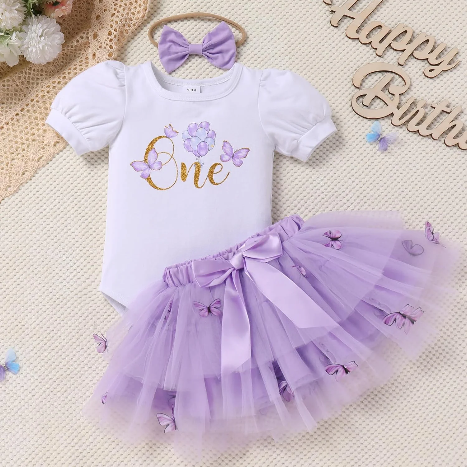 لباس تولد یک سالگی دخترانه ODASDO، رامپر آستین کوتاه نخی، دامن توتو چند لایه و ست هدبند پاپیونی