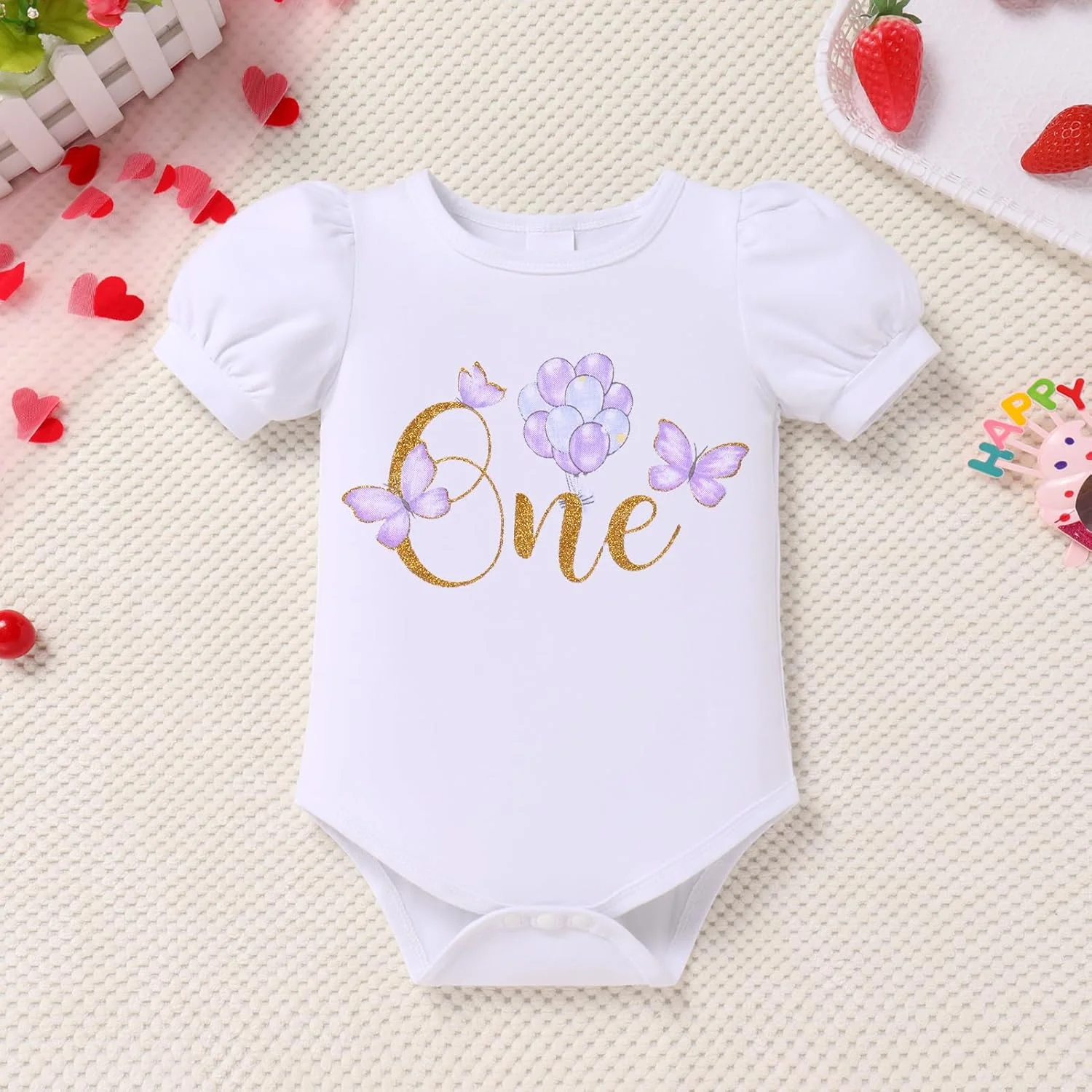 لباس تولد یک سالگی دخترانه ODASDO، رامپر آستین کوتاه نخی، دامن توتو چند لایه و ست هدبند پاپیونی