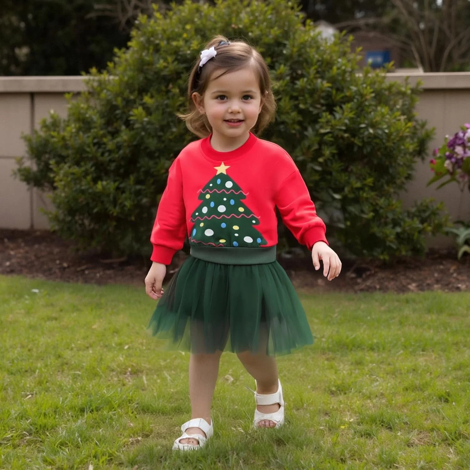 ست لباس کریسمس دخترانه شامل بلوز آستین بلند با طرح درخت کریسمس و دامن توری، ست 2 تکه ست لباس کریسمس دخترانه شامل بلوز آستین بلند با طرح درخت کریسمس و دامن توری، ست 2 تکه