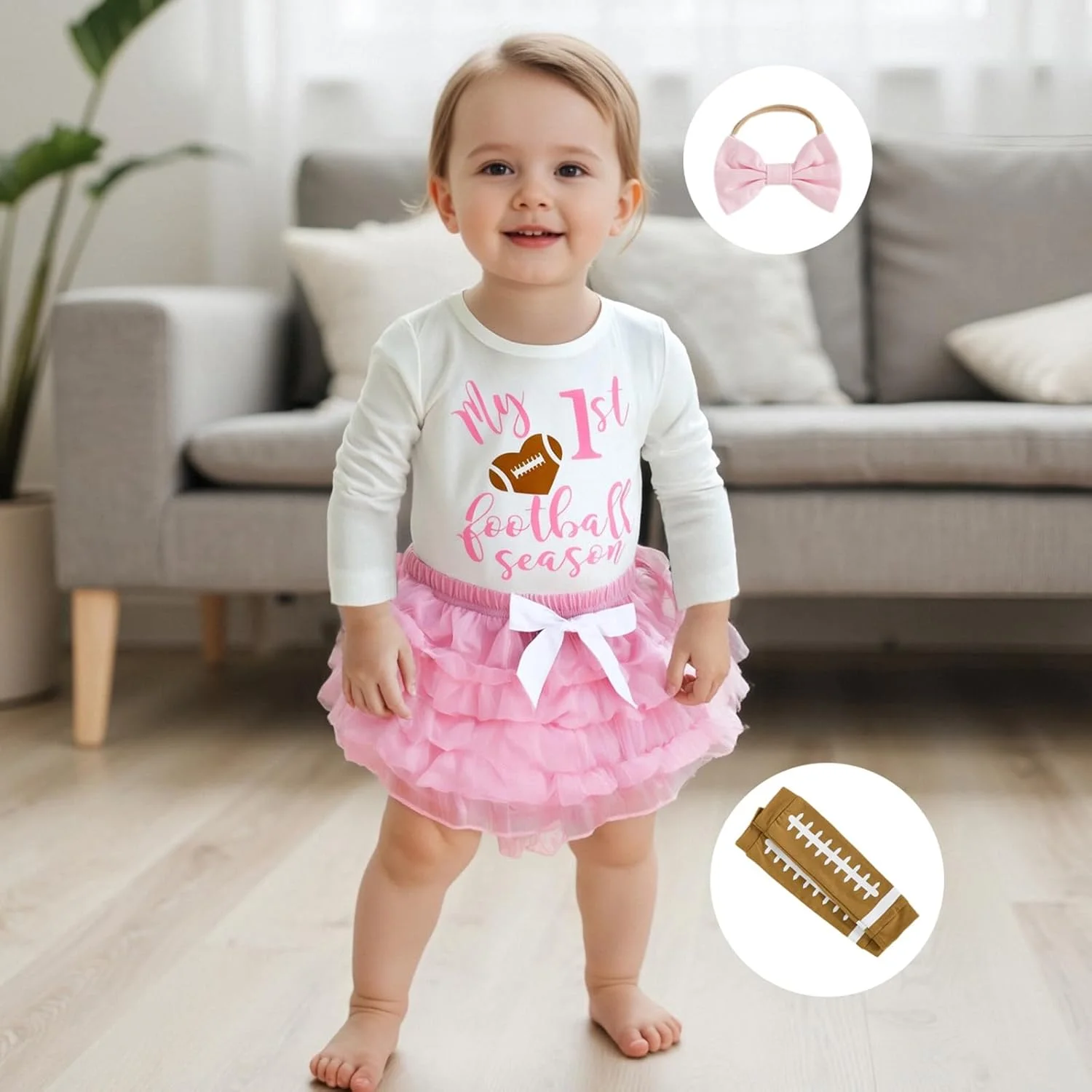 ست لباس دخترانه فصل اول فوتبال من، شامل رامپر آستین بلند با حروف چاپی، شورت دامن چیندار، هدبند و ساق گرمکن نوزادی ست لباس دخترانه فصل اول فوتبال من، شامل رامپر آستین بلند با حروف چاپی، شورت دامن چیندار، هدبند و ساق گرمکن نوزادی