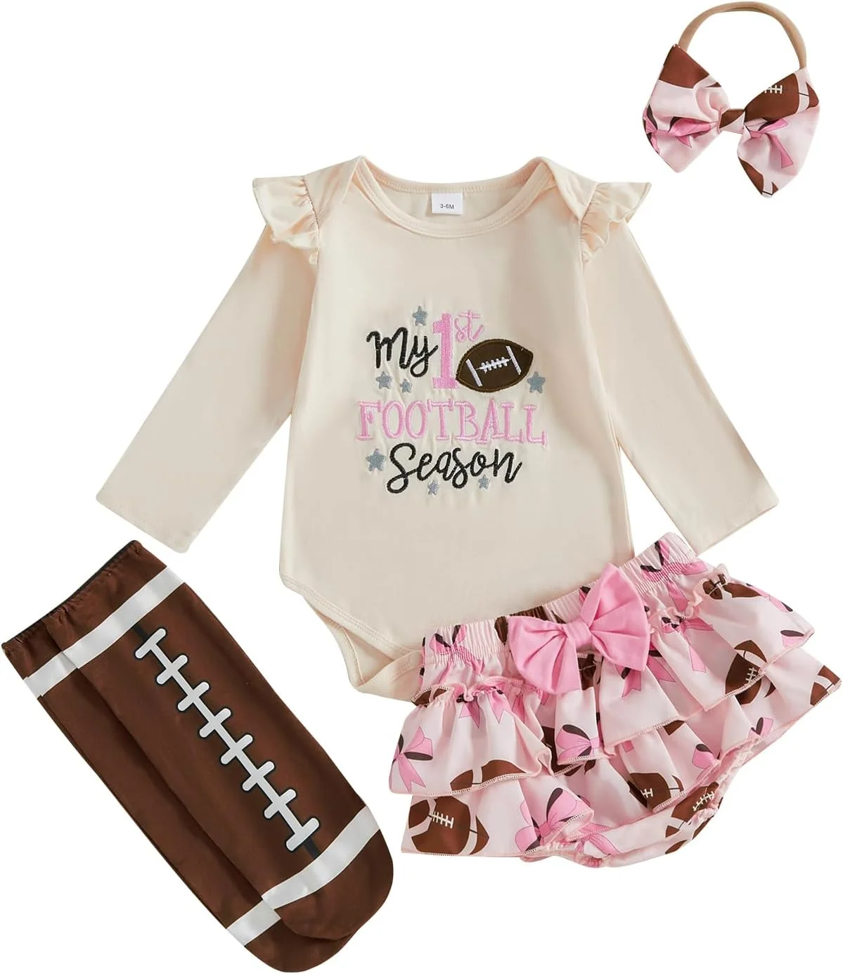 ست لباس دخترانه نوزادی Fufuriprefer با طرح فوتبال، شامل رامپر آستین بلند با طرح راگبی، دامن، جوراب و هدبند