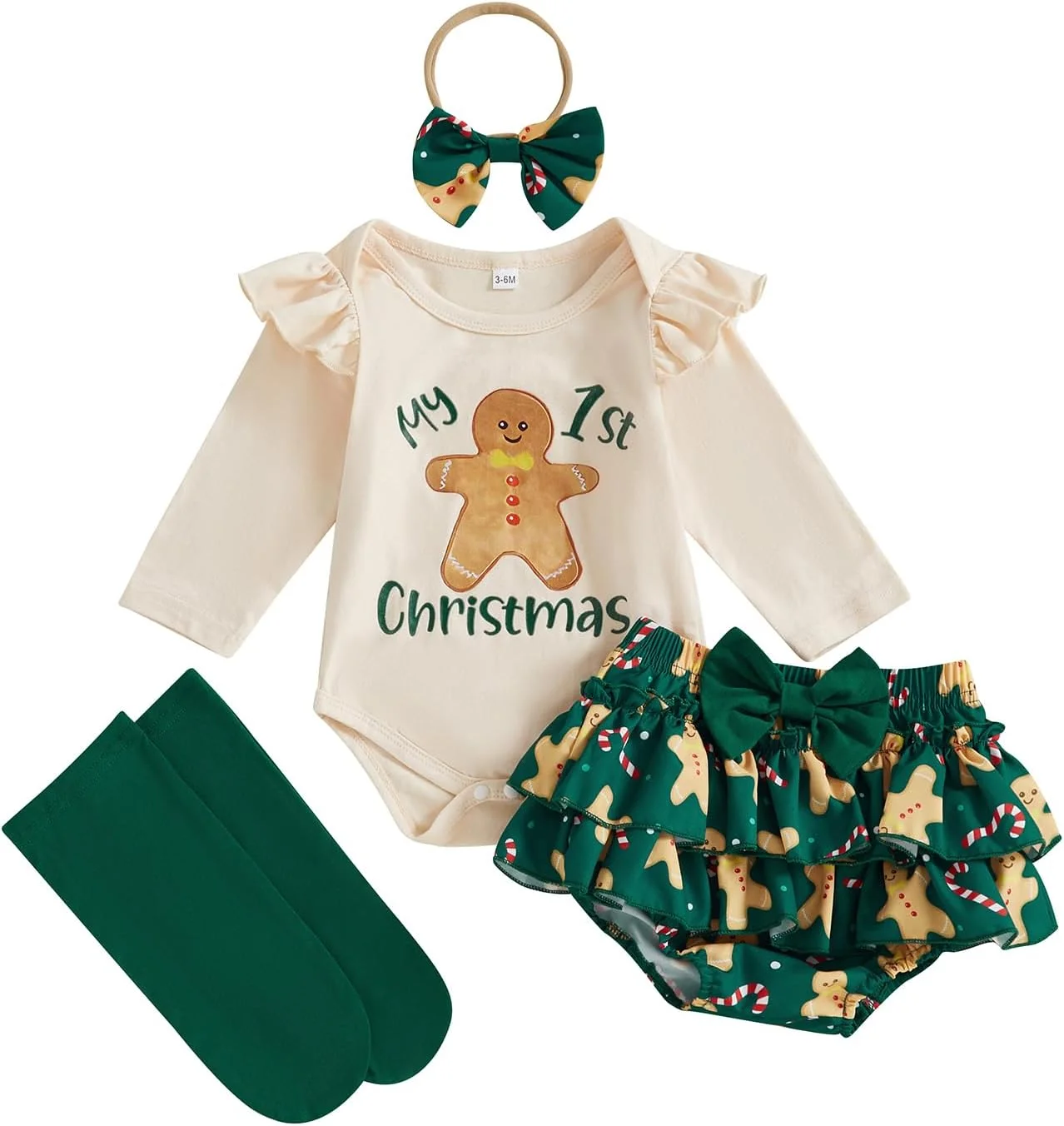 ست لباس نوزاد دخترانه برای اولین کریسمس، رامپر آستین بلند، شورت توری چین دار، شورت پوشکی، جوراب و هدبند 4 تکه، لباس های پاییزی زیبا