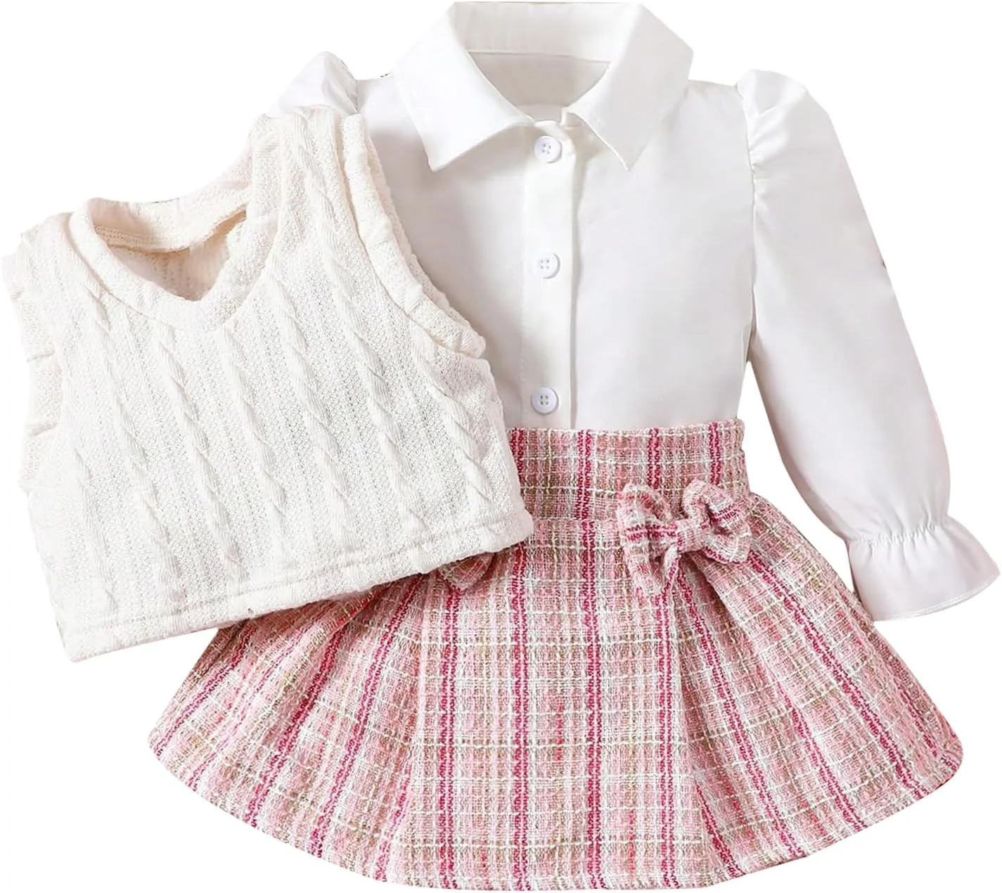 ست لباس پاییزی دخترانه ChuYuKu، بلوز آستین پفی + دامن پلیسه دار تارتان + جلیقه، مناسب نوزادان و کودکان 6 ماهه تا 4 ساله