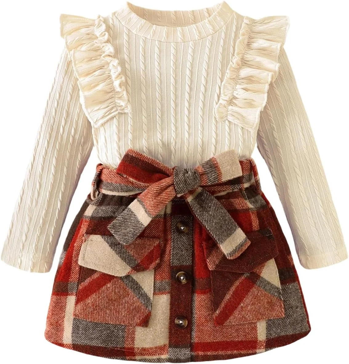 لباس پاییزی و زمستانی دخترانه DOMOABEI، شامل تاپ بافتنی چین‌دار، دامن مینی پلیسه‌دار و کمربند، 3 تکه، سایز 2 تا 6 سال