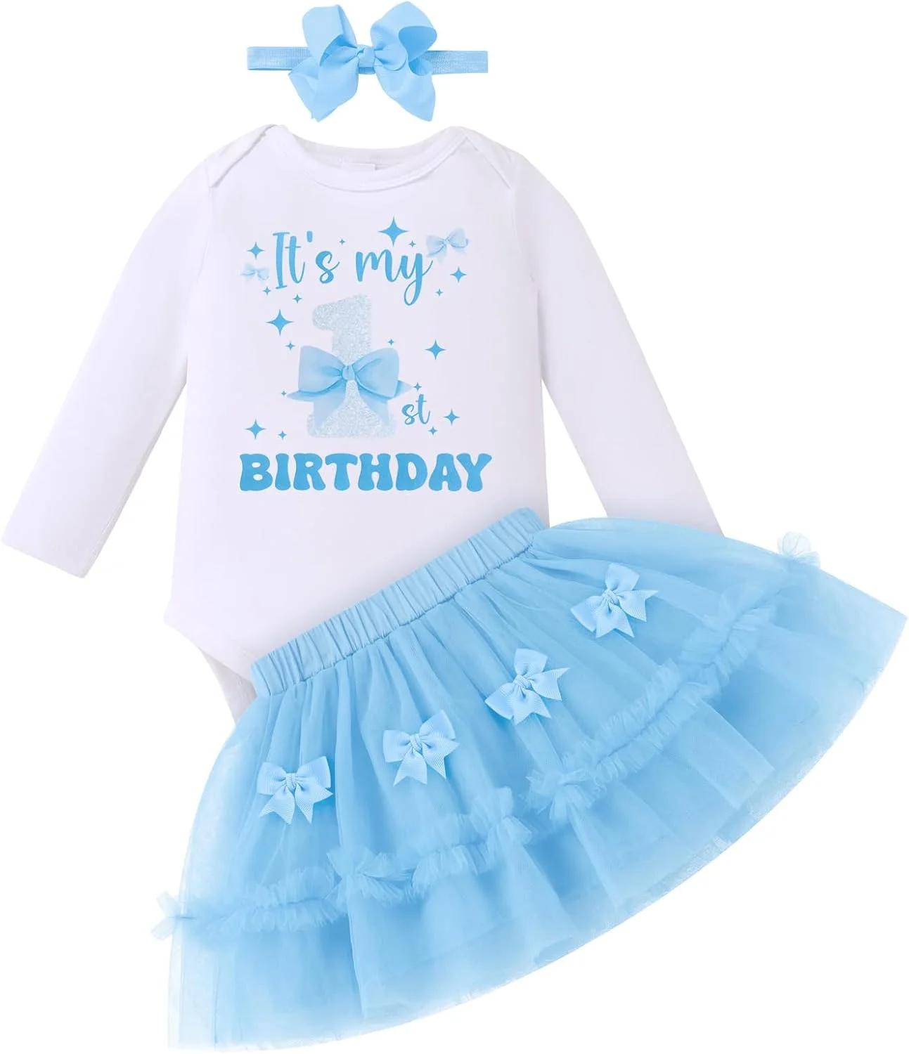 لباس تولد یک سالگی دخترانه IDOPIP با پاپیون صورتی، لباس نوزاد، رامپر آستین بلند، دامن توتو توری و هدبند برای عکاسی و جشن