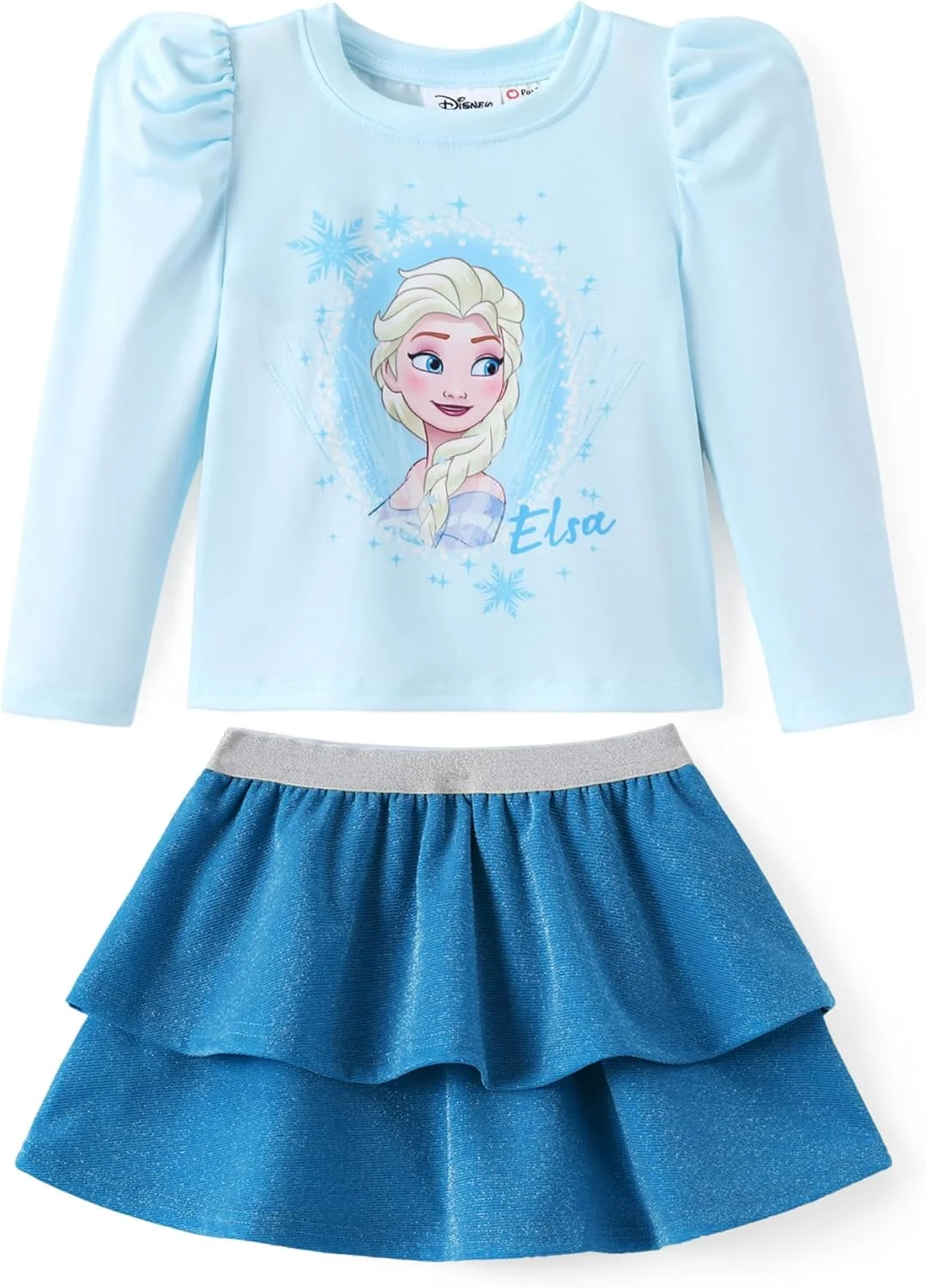لباس دو تکه دخترانه دیزنی Frozen السا، استیچ، پرنسس مینی، شامل تیشرت آستین پفی و دامن اکلیلی، مناسب تولد، سایز 2 تا 9 سال