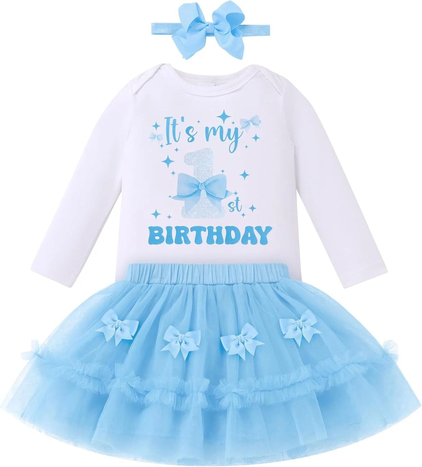 لباس تولد یک سالگی دخترانه IDOPIP با پاپیون صورتی، لباس نوزاد، رامپر آستین بلند، دامن توتو توری و هدبند برای عکاسی و جشن