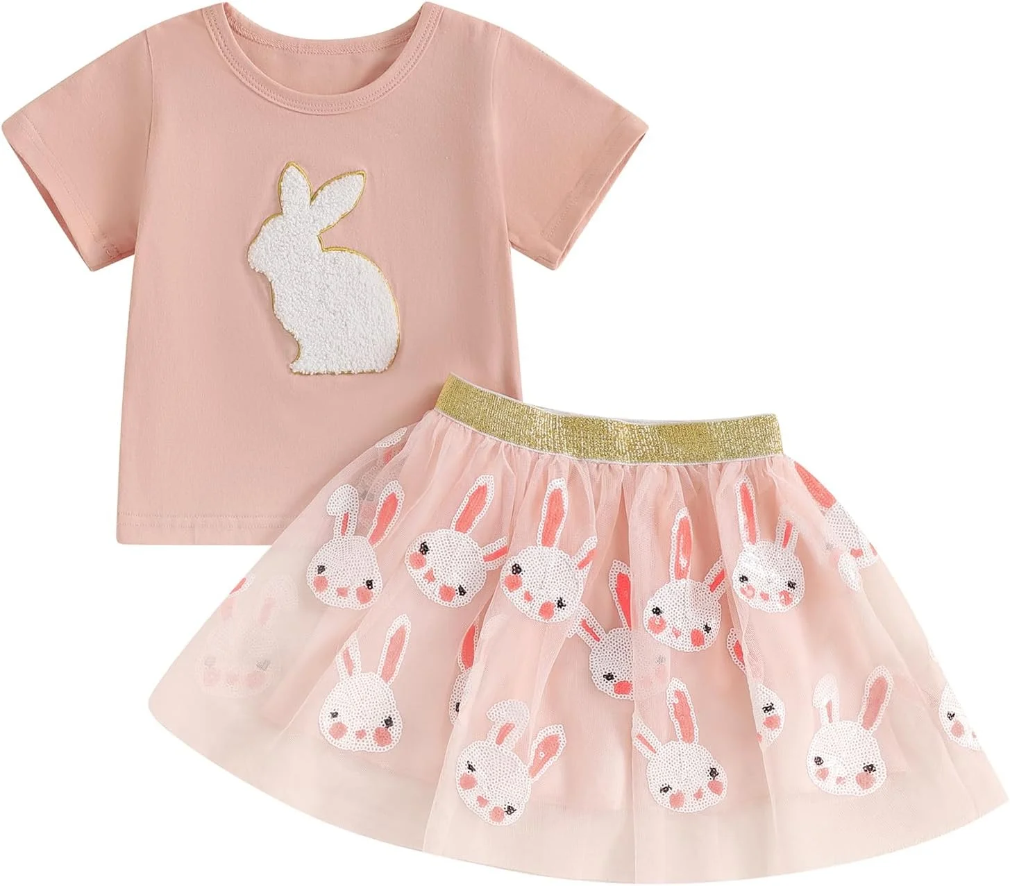 ست لباس عید دخترانه BemeyourBBs شامل دامن، تاپ آستین کوتاه گلدوزی شده، دامن توری با طرح خرگوش و پاپیون، و هدبند ست لباس عید دخترانه BemeyourBBs شامل دامن، تاپ آستین کوتاه گلدوزی شده، دامن توری با طرح خرگوش و پاپیون، و هدبند