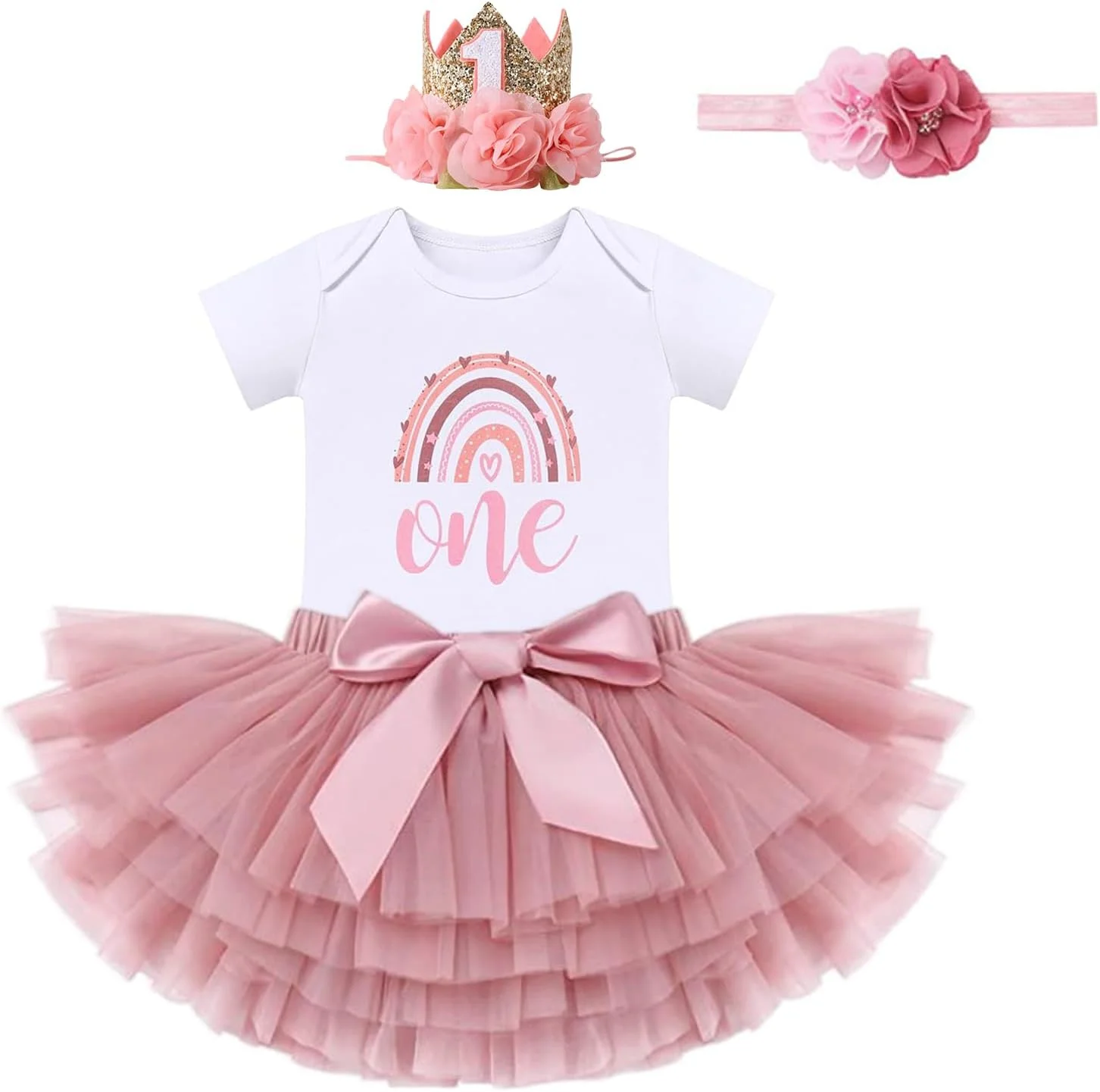 Baby Girl First Birthday Outfit,Floral Lace Romper Set,Boho 1st Birthday Tulle Tutu Dress Set for 1st Birthday,1st Flower Crown Headband for Photo Shoot Clothes,Birthday Party