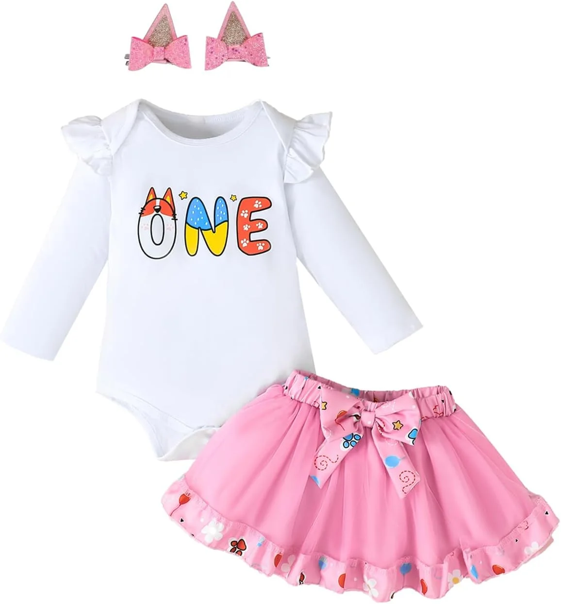 لباس تولد یک سالگی دخترانه، لباس تولد یک سالگی نوزاد، ست دامن توتو برای جشن تولد با طرح گوش سگ