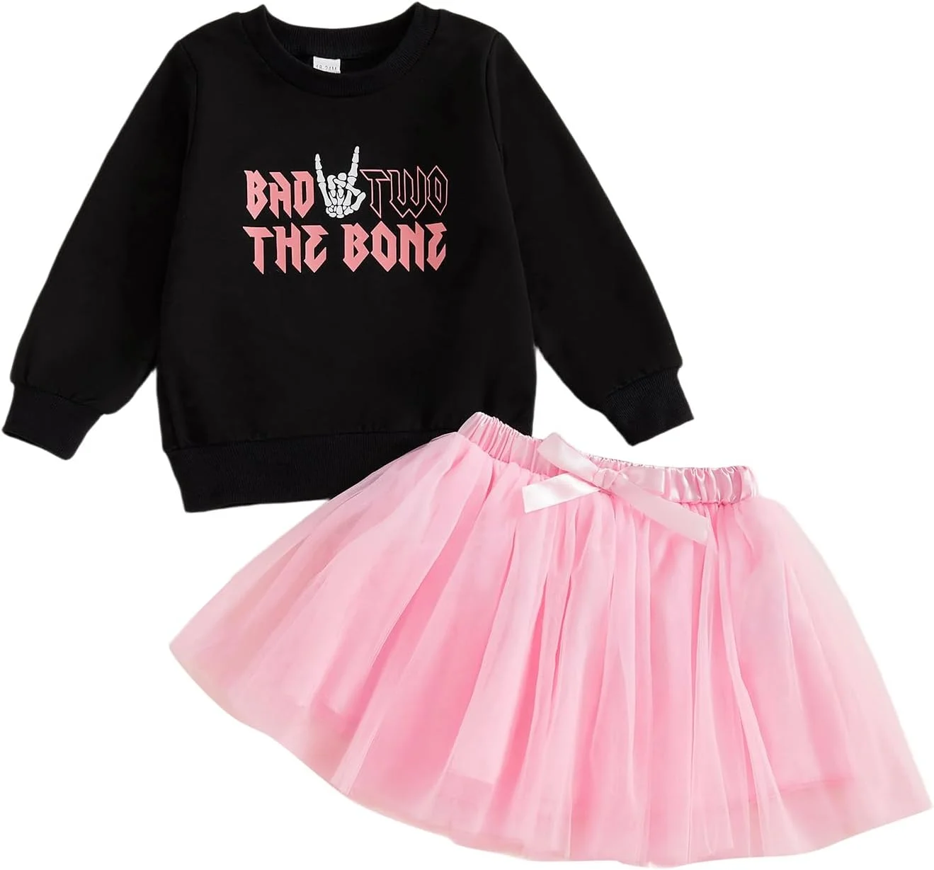 لباس تولد دو سالگی دخترانه، تیشرت آستین کوتاه طرح "Bad Two The Bone" با دامن توری، لباس تولد زیبا 2 تکه