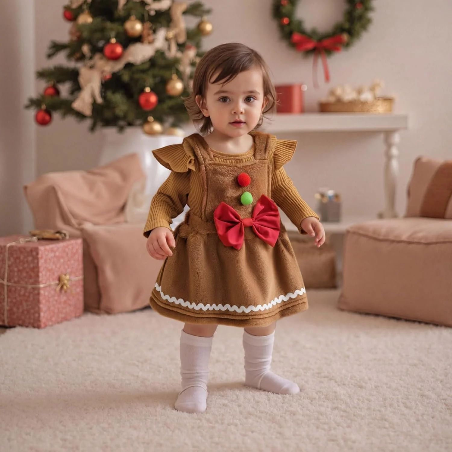 ست لباس کریسمس نوزادی دخترانه Amnnchya، ست دامن آدمک زنجبیلی، رامپر دنده ای بامزه و پیراهن سرهمی خزدار