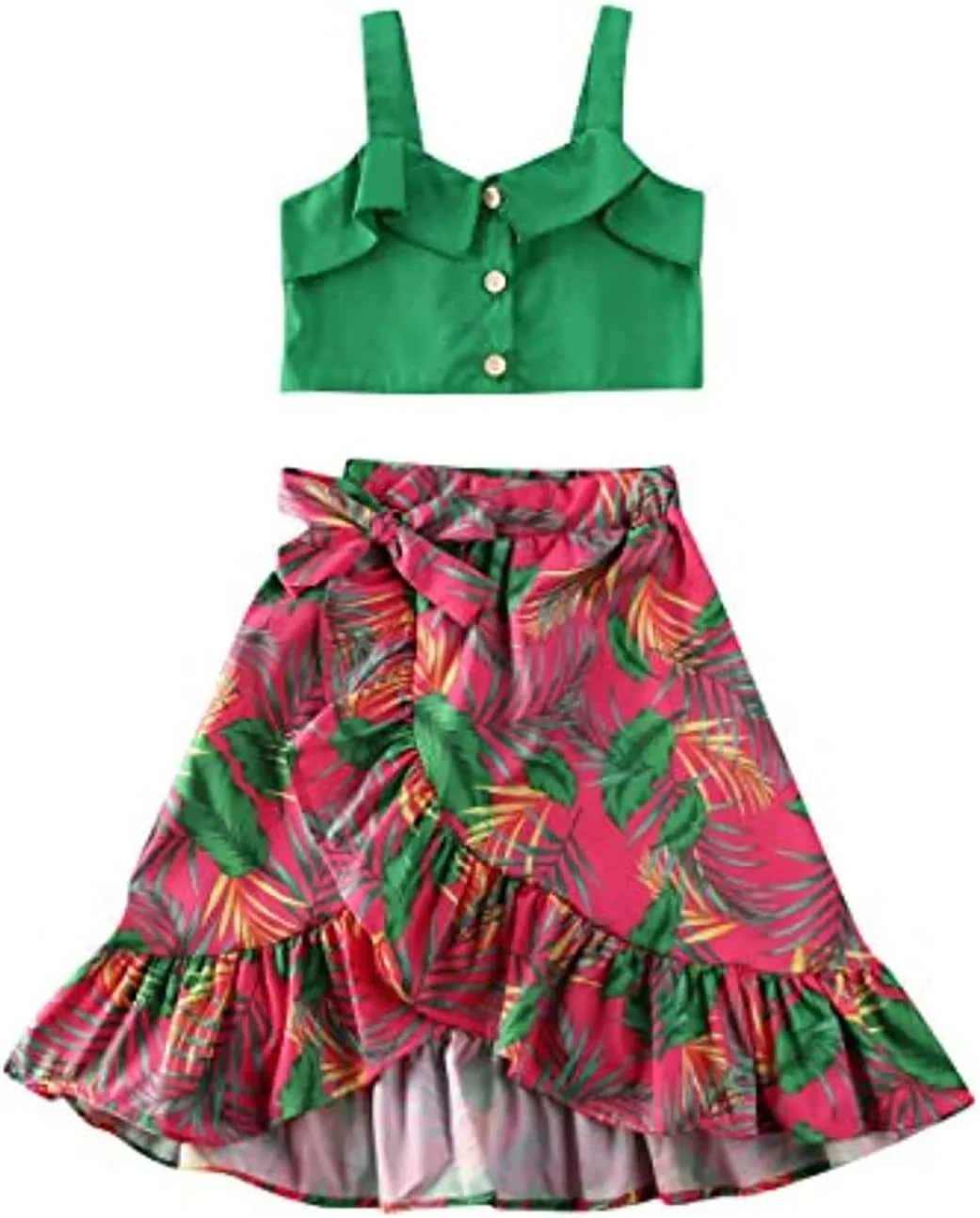 ست لباس دخترانه شامل تاپ بندی طرح برگ موز، شانه باز و دامن بلند ست لباس دخترانه شامل تاپ بندی طرح برگ موز، شانه باز و دامن بلند