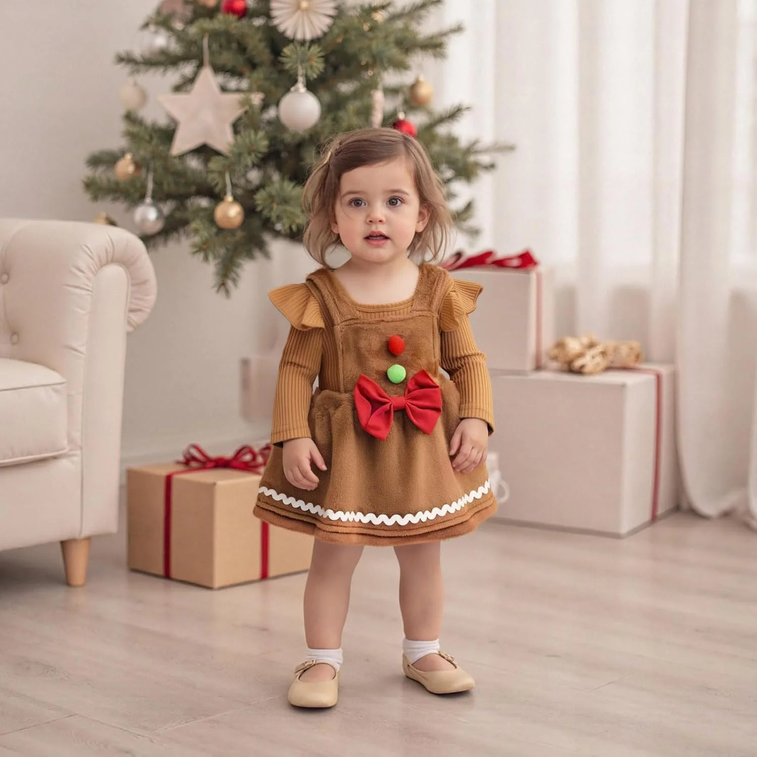 ست لباس کریسمس نوزادی دخترانه Amnnchya، ست دامن آدمک زنجبیلی، رامپر دنده ای بامزه و پیراهن سرهمی خزدار