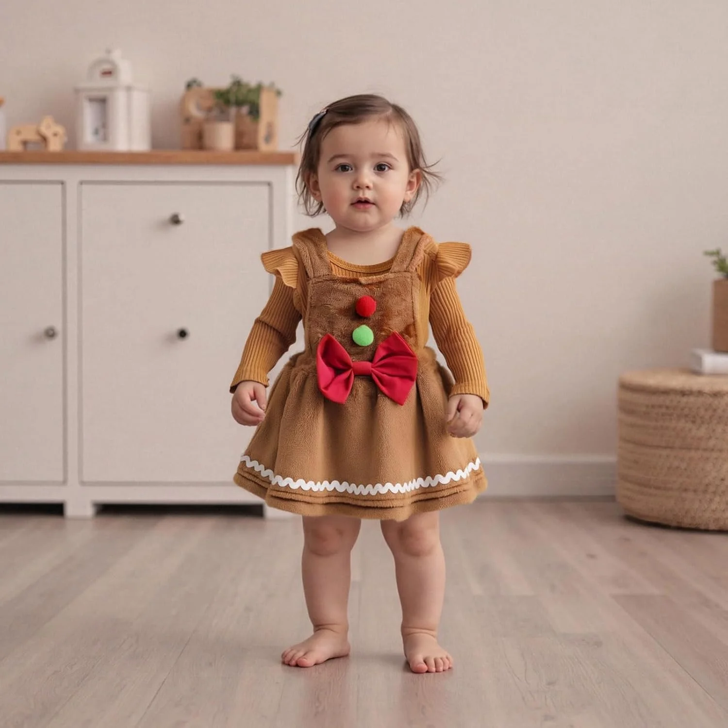 ست لباس کریسمس نوزادی دخترانه Amnnchya، ست دامن آدمک زنجبیلی، رامپر دنده ای بامزه و پیراهن سرهمی خزدار