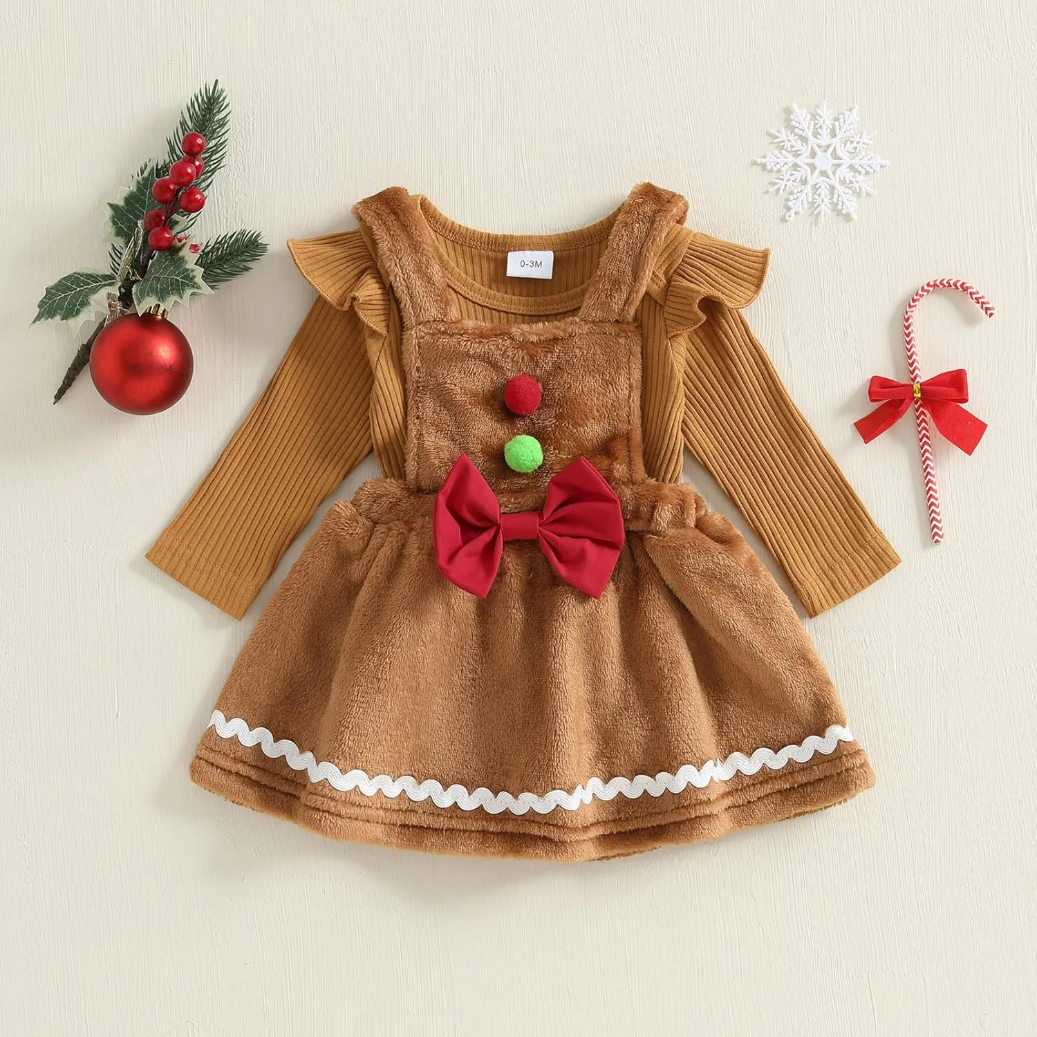 ست لباس کریسمس نوزادی دخترانه Amnnchya، ست دامن آدمک زنجبیلی، رامپر دنده ای بامزه و پیراهن سرهمی خزدار