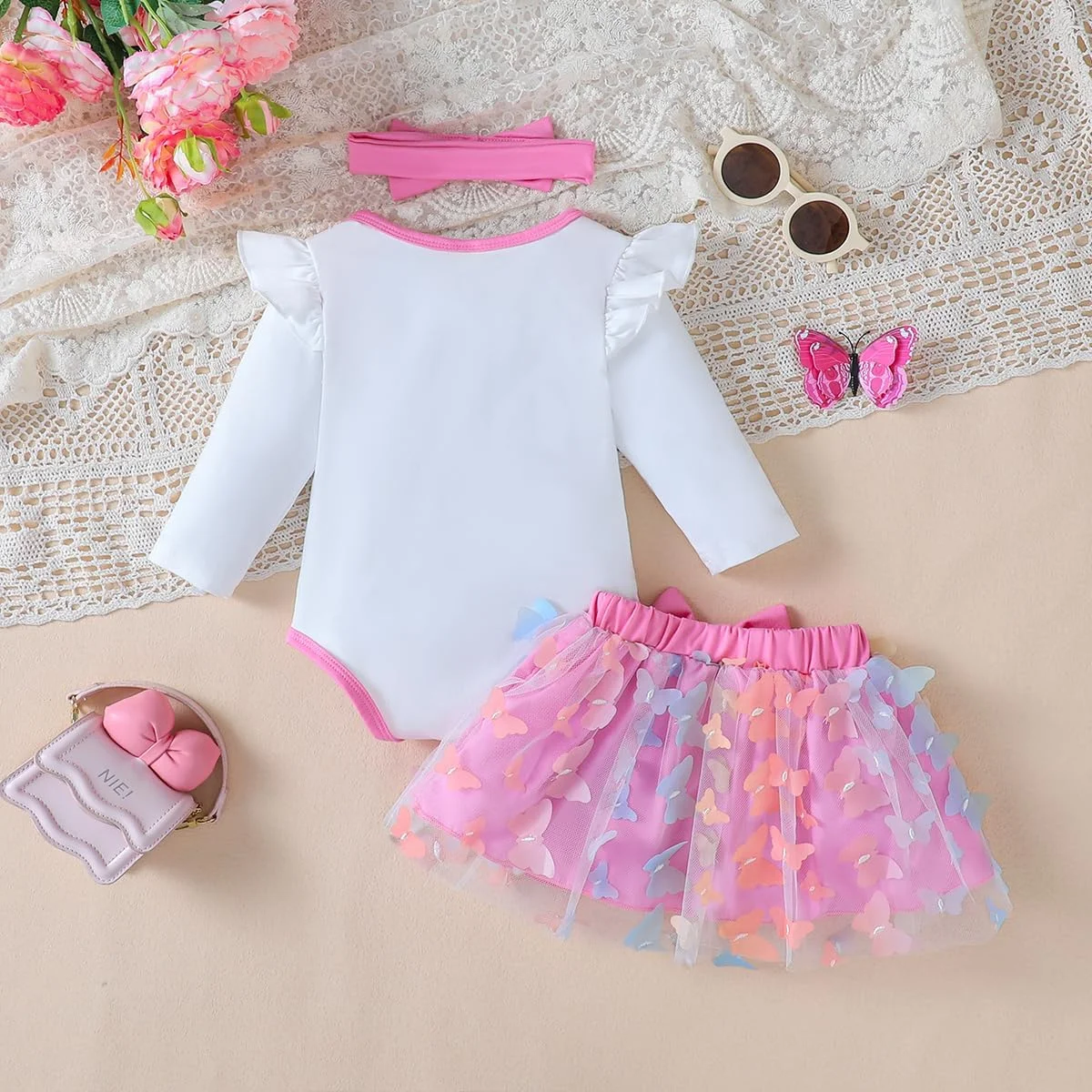 ست لباس تولد یک سالگی دخترانه Aslaylme، بادی دخترانه برای تولد یک سالگی با تم پروانه و دامن