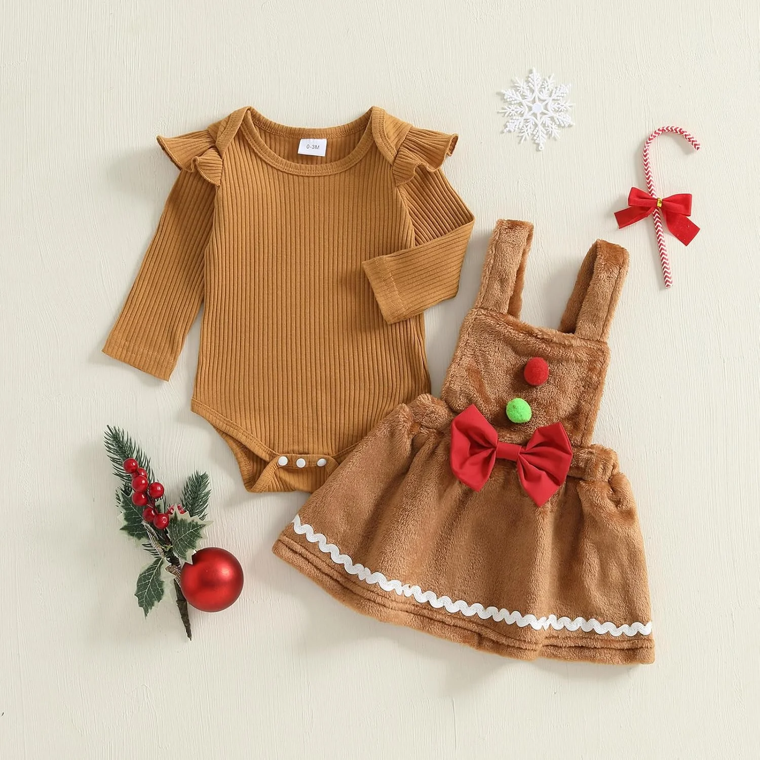 ست لباس کریسمس نوزادی دخترانه Amnnchya، ست دامن آدمک زنجبیلی، رامپر دنده ای بامزه و پیراهن سرهمی خزدار