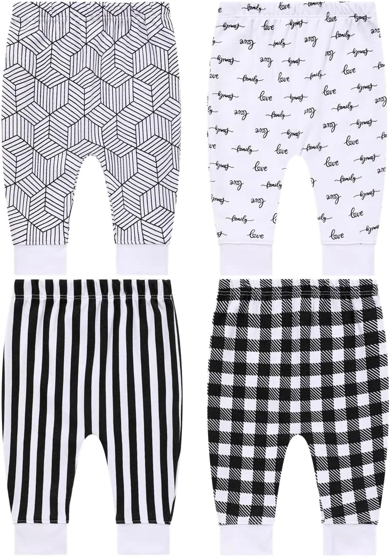 بسته 4 عددی شلوار جاگر نوزادی Lazyrhino - شلوار پنبه ای نرم برای پسران و دختران - طرح های رنگی زیبا و یونیسکس برای نوزادان