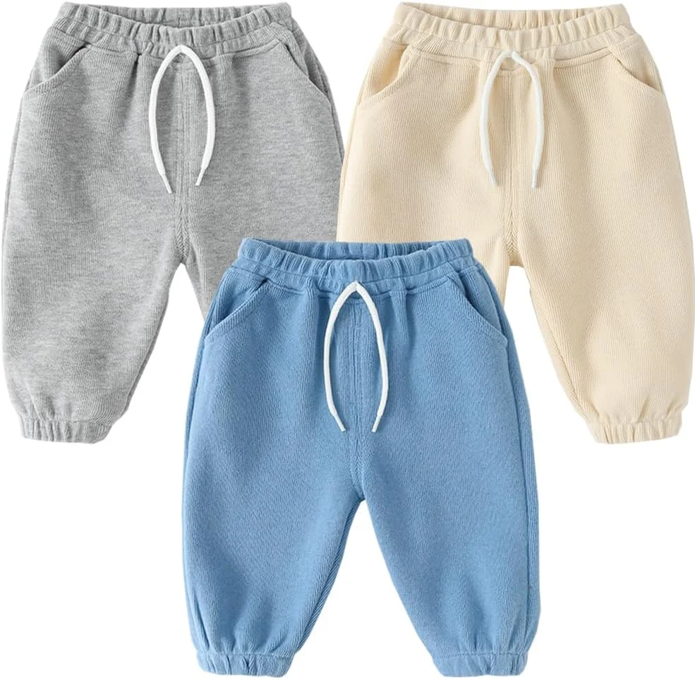 GFQLONG بسته 3 عددی شلوار جاگر نخی جیب دار پسرانه کودک نوپا، شلوار ورزشی غیر رسمی کمر کشی بند دار GFQLONG بسته 3 عددی شلوار جاگر نخی جیب دار پسرانه کودک نوپا، شلوار ورزشی غیر رسمی کمر کشی بند دار