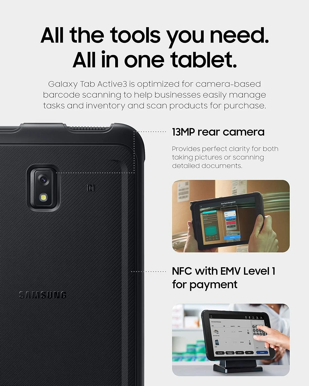 تبلت مقاوم سامسونگ Galaxy Tab Active3 Enterprise Edition 8 اینچی چند منظوره | 64 گیگابایت و WiFi و LTE (آنلاک) | امنیت بیومتریک (SM-T577UZKDN14)، مشکی تبلت مقاوم سامسونگ Galaxy Tab Active3 Enterprise Edition 8 اینچی چند منظوره | 64 گیگابایت و WiFi و LTE (آنلاک) | امنیت بیومتریک (SM-T577UZKDN14)، مشکی