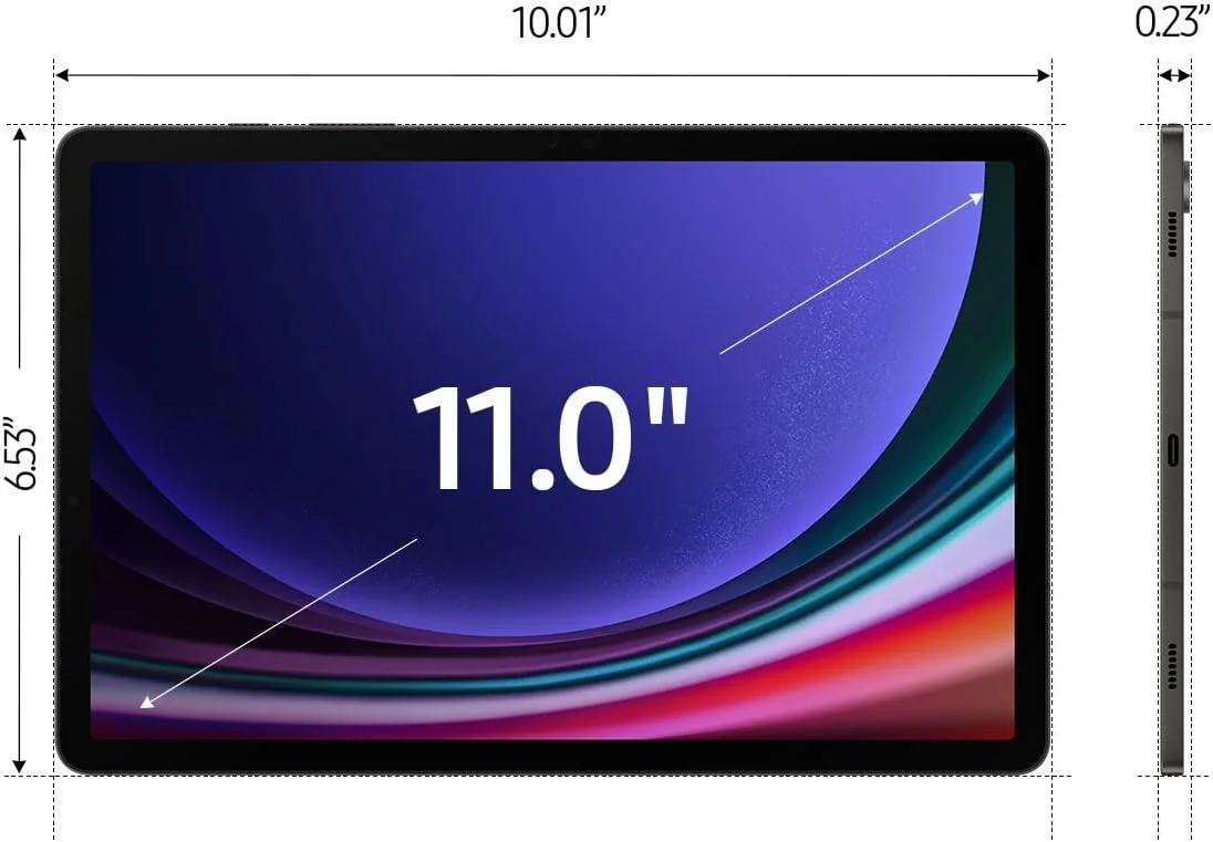 تبلت هوشمند سامسونگ Galaxy Tab S9 با صفحه نمایش 11 اینچی، حافظه 128 گیگابایت، وای فای 7، سیستم عامل اندروید و هوش مصنوعی، پردازنده Snapdragon 8 Gen 2، صفحه نمایش AMOLED، قلم S Pen، باتری با طول عمر بالا، دوربین با فوکوس خودکار، Dolby Audio، نسخه ایالات متحده، 2023، گرافیت