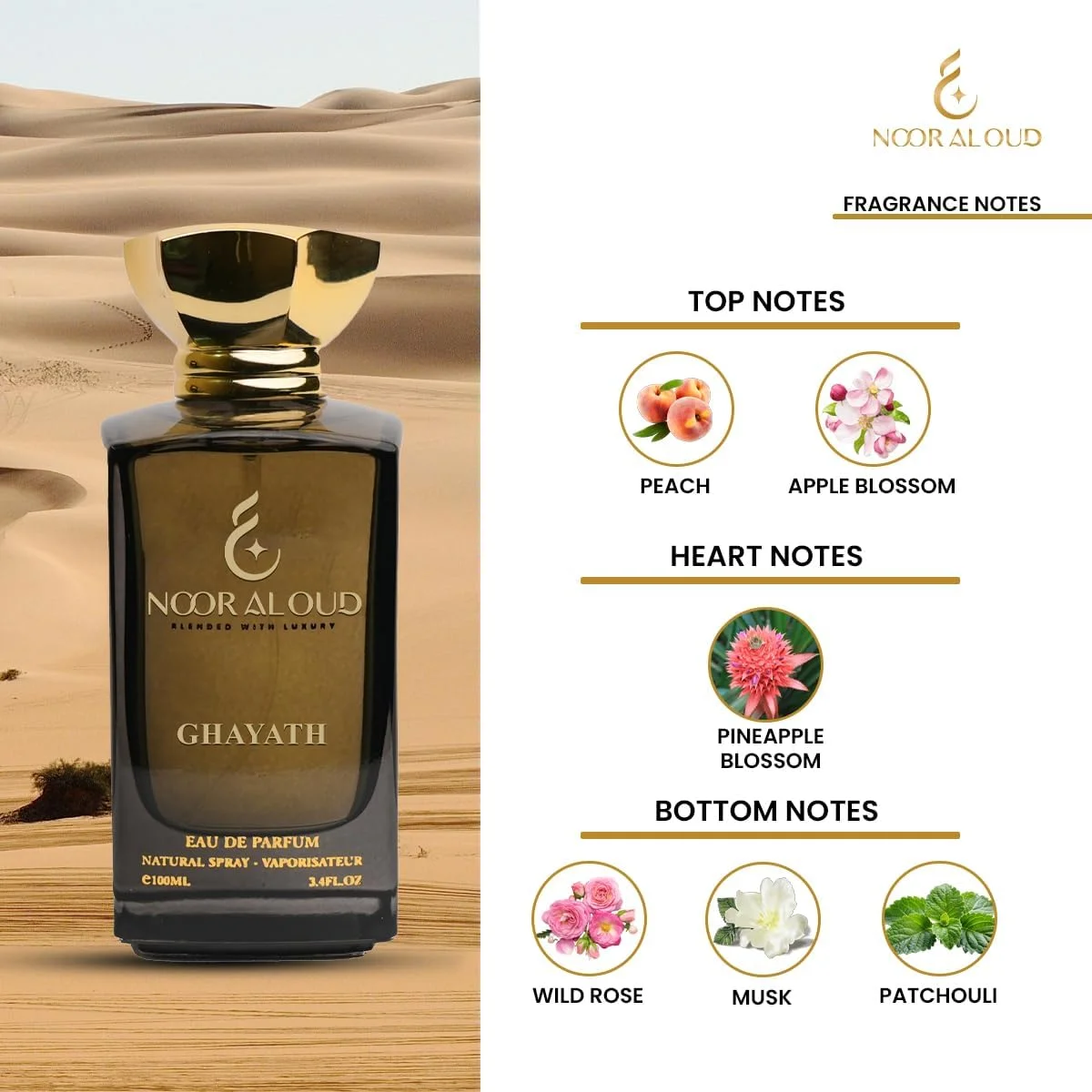 ادکلن 100 میل غیاث نور العود - عطر унисекс ماندگار با رایحه هلو، شکوفه سیب، شکوفه آناناس، رز وحشی، مشک و نعناع هندی - رایحه شرقی گلی میوه ای ادکلن 100 میل غیاث نور العود - عطر унисекс ماندگار با رایحه هلو، شکوفه سیب، شکوفه آناناس، رز وحشی، مشک و نعناع هندی - رایحه شرقی گلی میوه ای