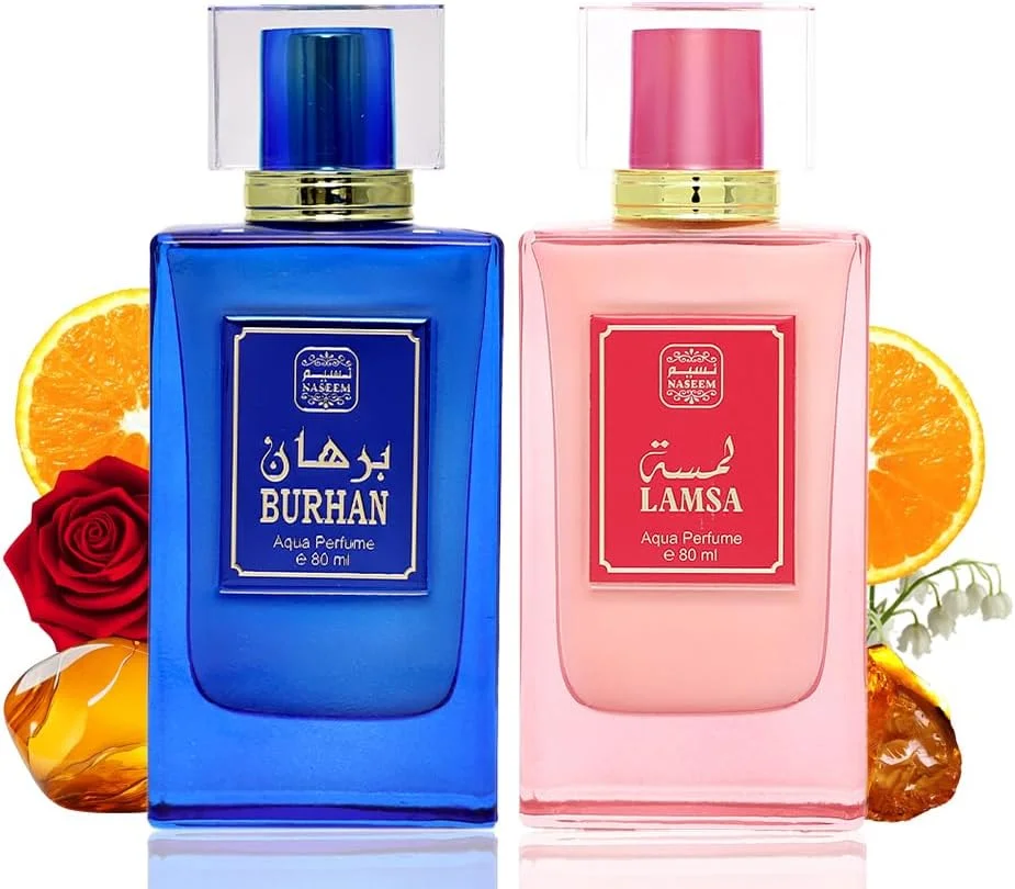 اسپری عطر نسیم برهان آکوا و لمسا آکوا | رایحه ای ماندگار و ظریف با سیب های شیرین | شکوفه های شکوفا، چوب صندل تند و پرتقال های تند (ترکیبی - 80 میلی لیتر)