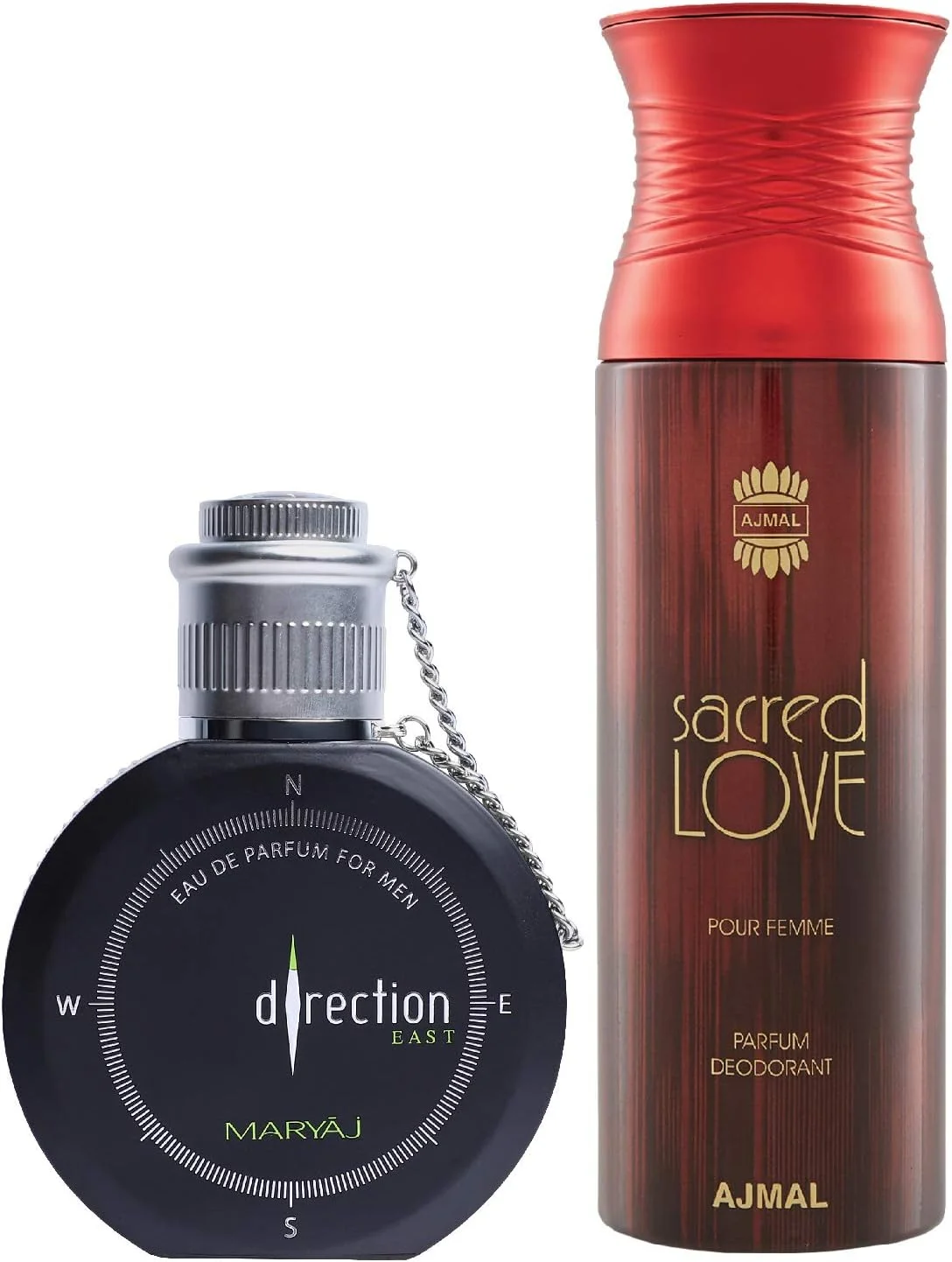 ادکلن مردانه ماریج دایرکشن ایست با رایحه مرکباتی و تند 100 میلی لیتر و دئودورانت زنانه اجمل ساکرد لاو با رایحه گلی و مشکی 200 میلی لیتر + 2 عدد تستر عطر رایگان