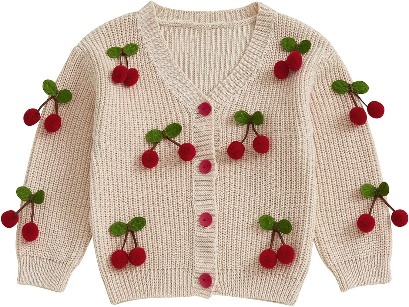 ژاکت بافتنی دخترانه MAHUAOYIXI، آستین بلند، یقه هفت، تزیین گیلاس، ژاکت کش باف پشمی، لباس های پاییزی و زمستانی، دکمه دار، گرم