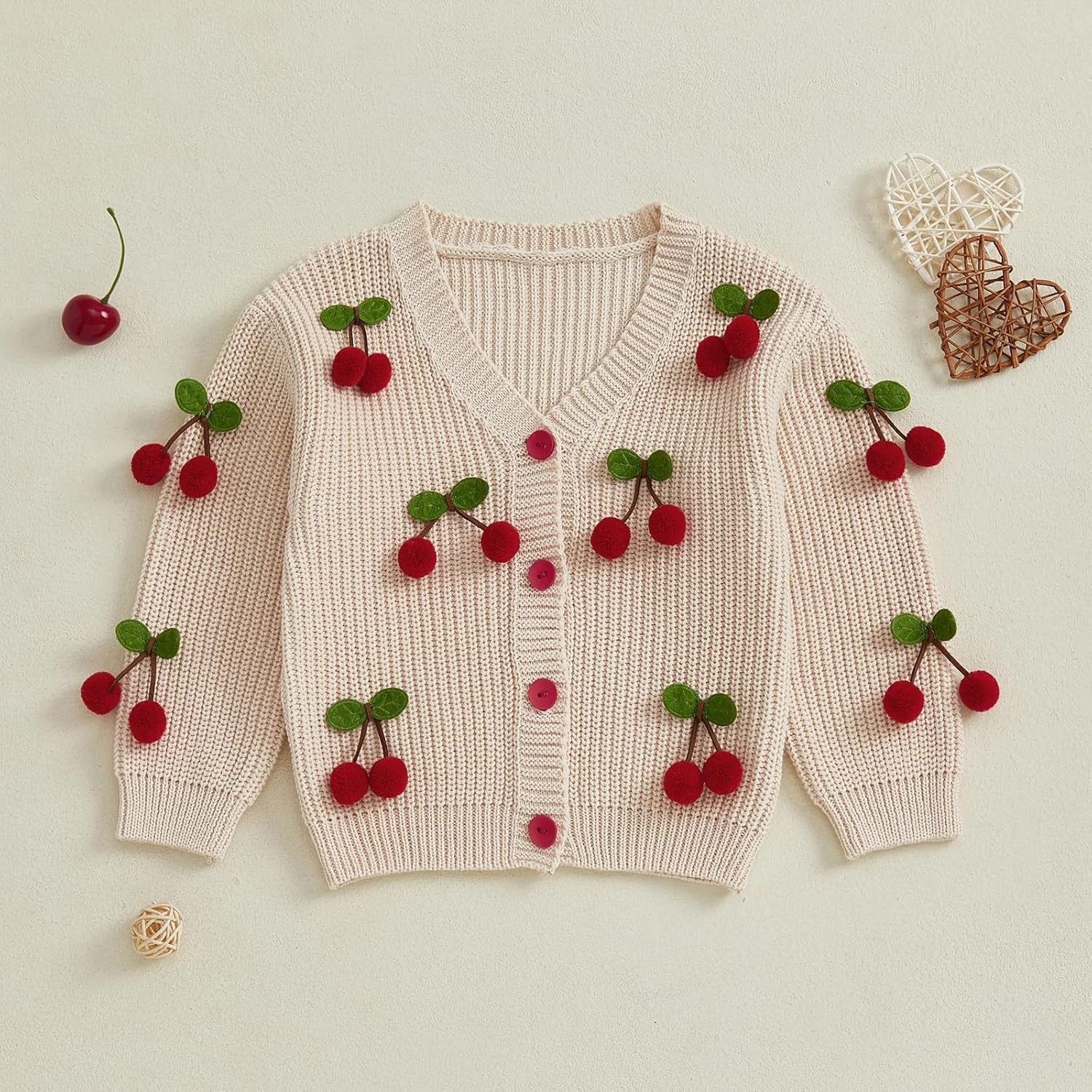 ژاکت بافتنی دخترانه MAHUAOYIXI، آستین بلند، یقه هفت، تزیین گیلاس، ژاکت کش باف پشمی، لباس های پاییزی و زمستانی، دکمه دار، گرم