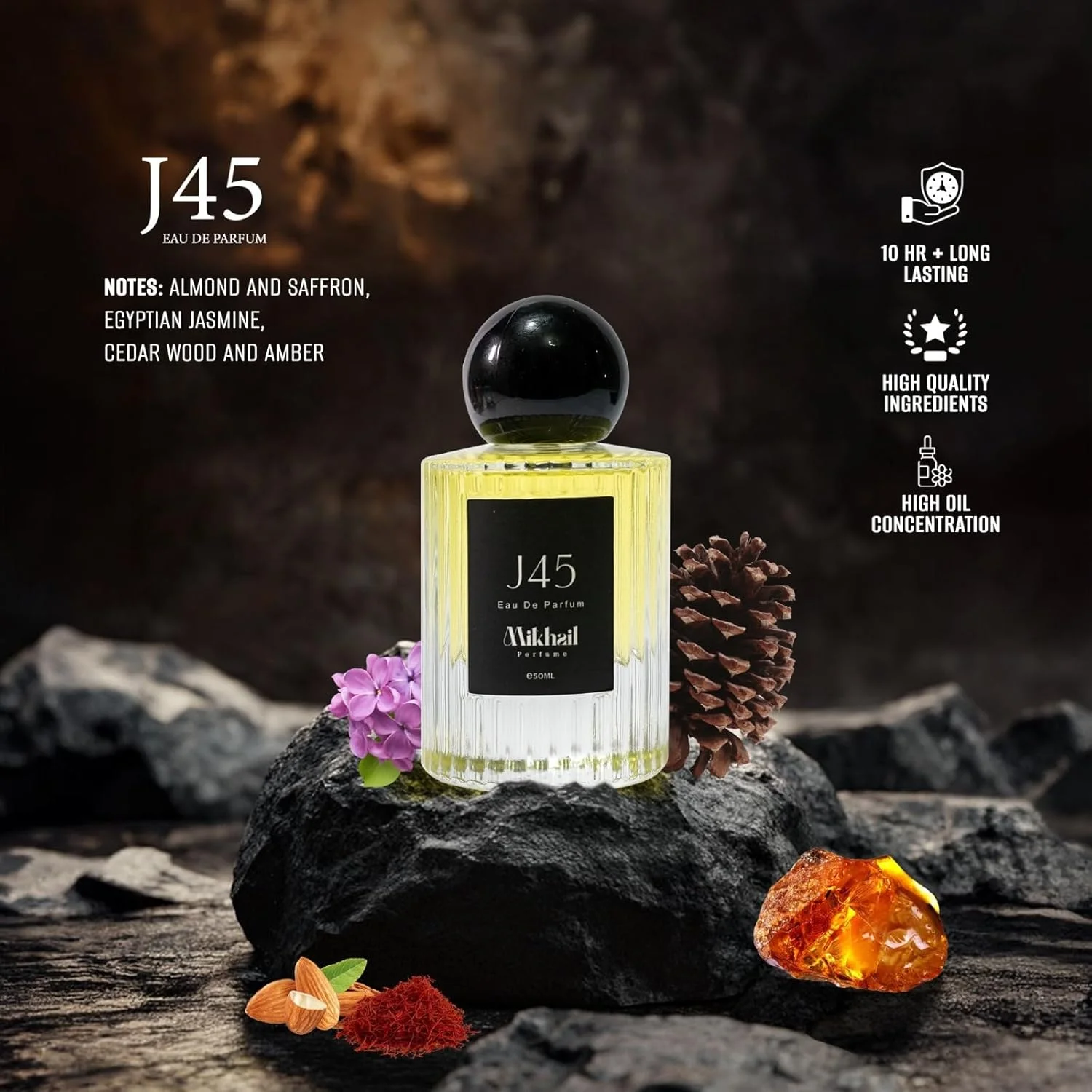 ادکلن J45 by Mikhail | ادو پرفیوم مردانه و زنانه | 50 میلی لیتر | عطر لوکس و غلیظ با رایحه زعفران، یاس، مشک و عنبر ادکلن J45 by Mikhail | ادو پرفیوم مردانه و زنانه | 50 میلی لیتر | عطر لوکس و غلیظ با رایحه زعفران، یاس، مشک و عنبر