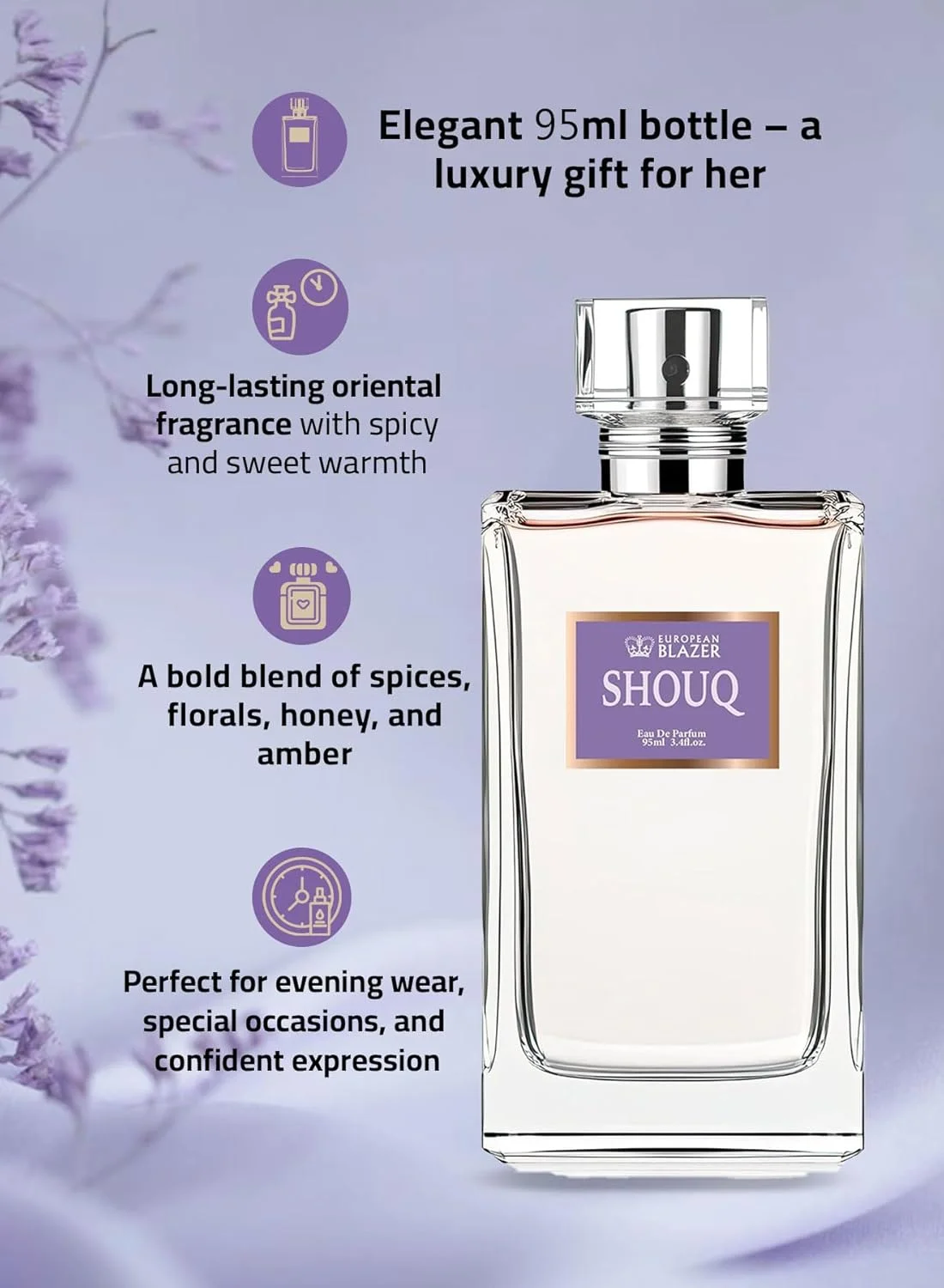 ادو پرفیوم زنانه European Blazer SHOUQ - حجم 95 میلی لیتر | عطر شرقی، تند و کهربایی ماندگار | رایحه ای ظریف برای استفاده روزانه و شبانه | هدیه ای لوکس برای بانوان ادو پرفیوم زنانه European Blazer SHOUQ - حجم 95 میلی لیتر | عطر شرقی، تند و کهربایی ماندگار | رایحه ای ظریف برای استفاده روزانه و شبانه | هدیه ای لوکس برای بانوان