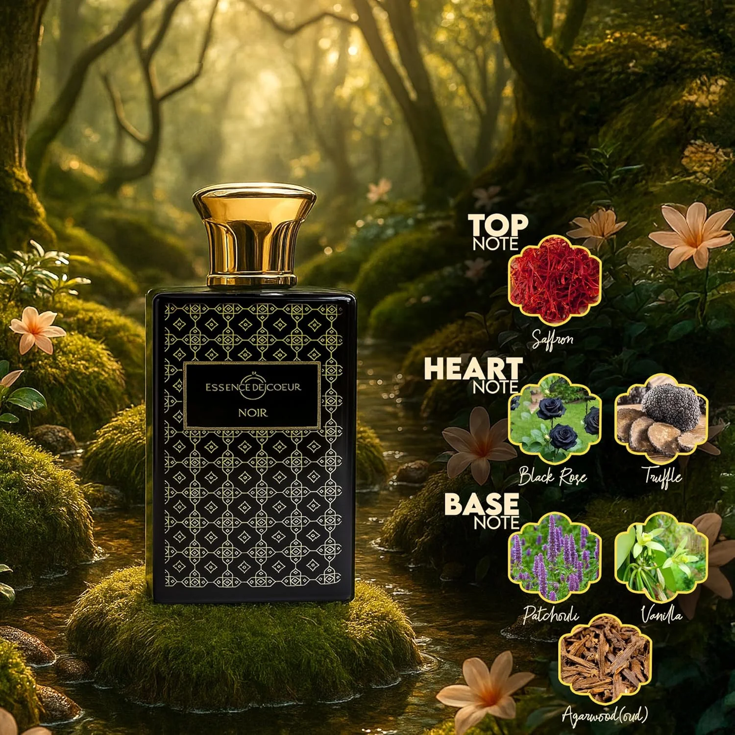 ادو پرفیوم Essence De Coeur Noir حجم 100 میلی لیتر – عطر لوکس ماندگار унисекс با رایحه زعفران، رز سیاه، ترافل، نعناع هندی، وانیل و عود – عطر عربی شرقی برای آقایان و بانوان